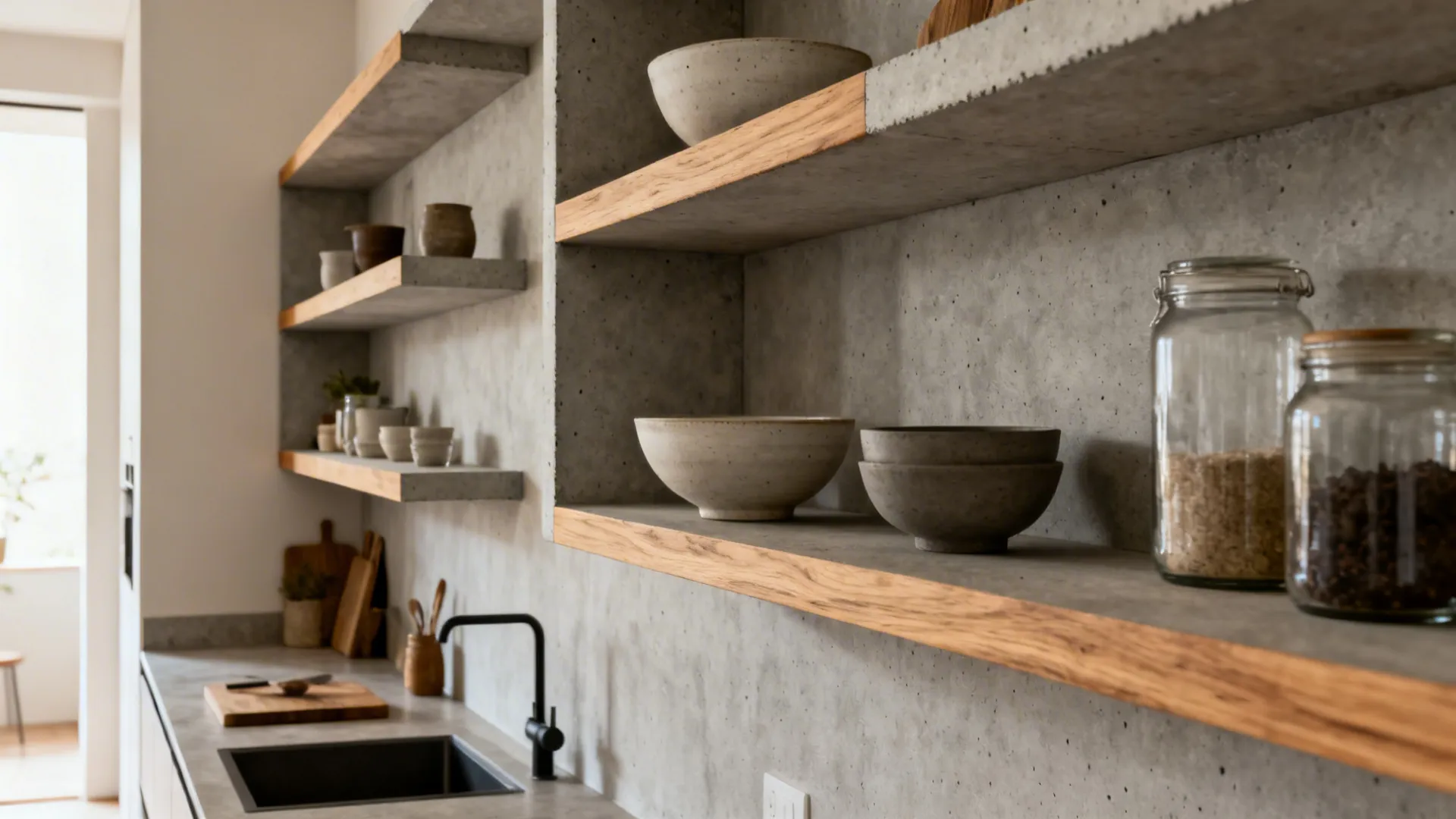 Minimalist concrete kitchen shelves with white-oak edge trim over a slim prep counter in a small studio.
