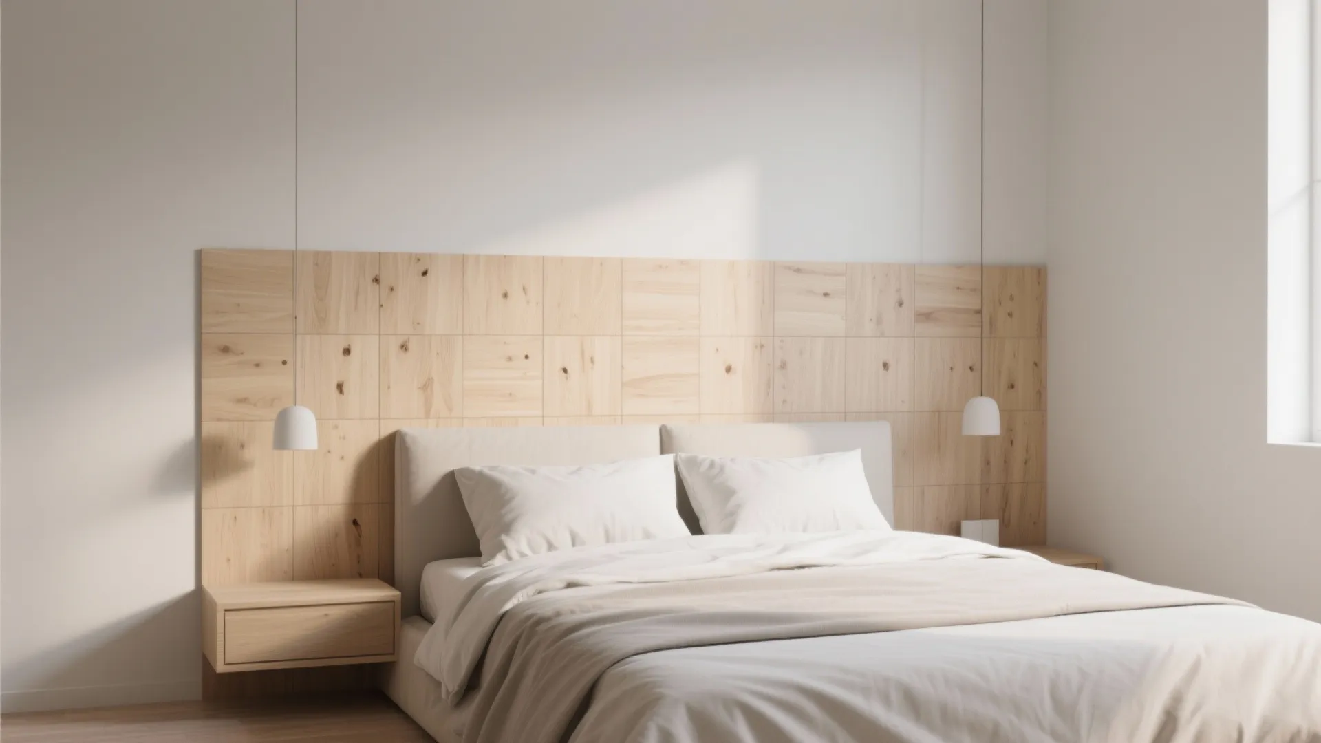 Minimalist bedroom with white bedding light wood wall panel hanging ceiling lights and clean white walls