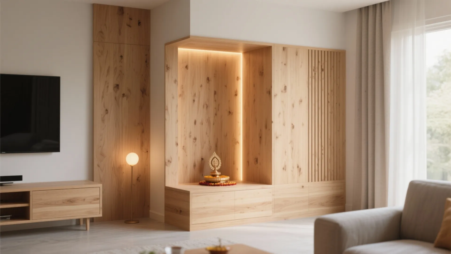 Minimalist wooden wall unit featuring built in lighting and small prayer space with gold figure