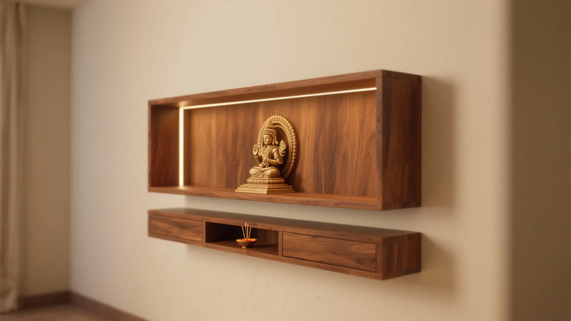 Modern wood floating wall shelf with golden statue and warm light for home prayer room