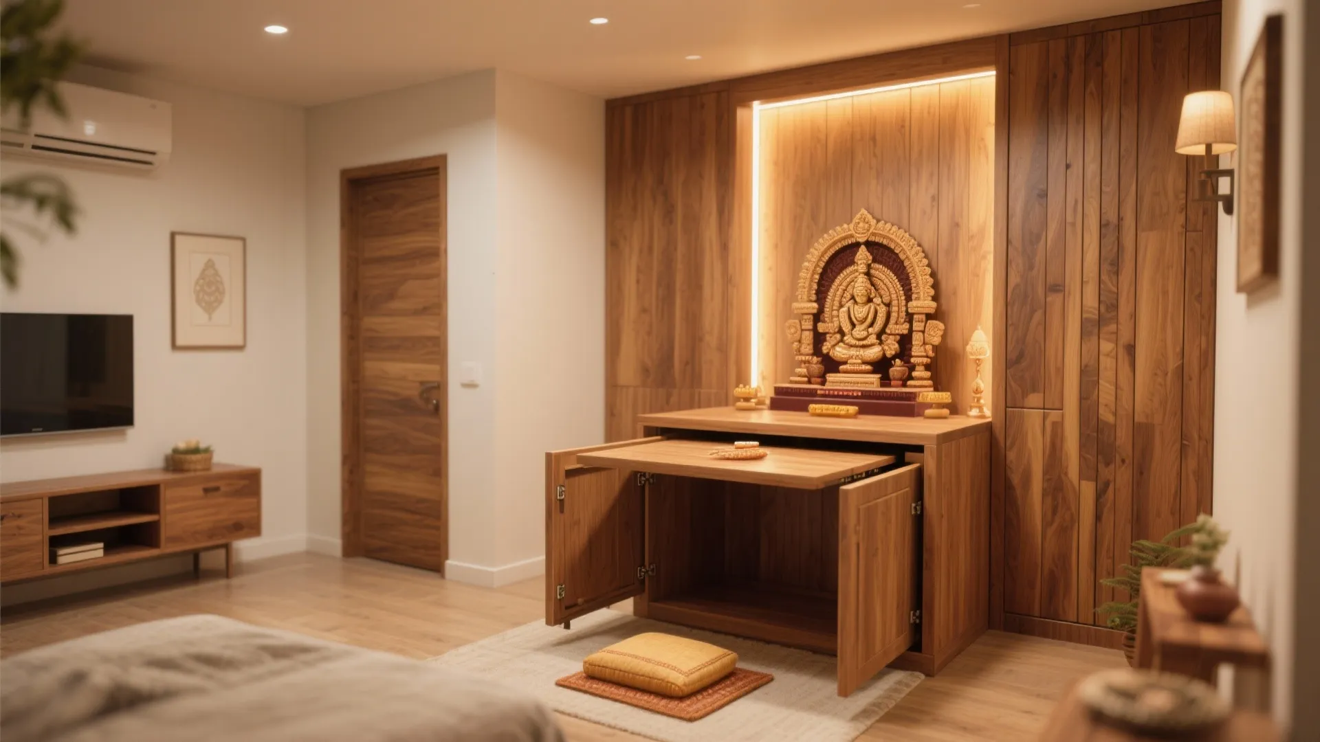 Minimalist Wooden Mandir Setup