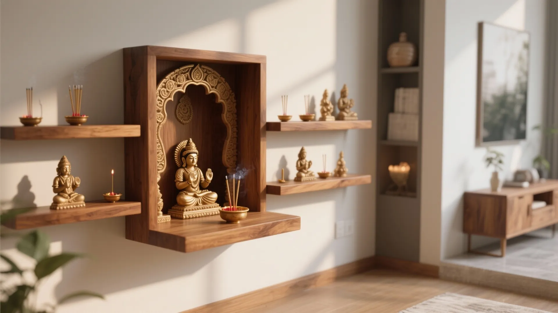 Minimalist Wooden Mandir Setup