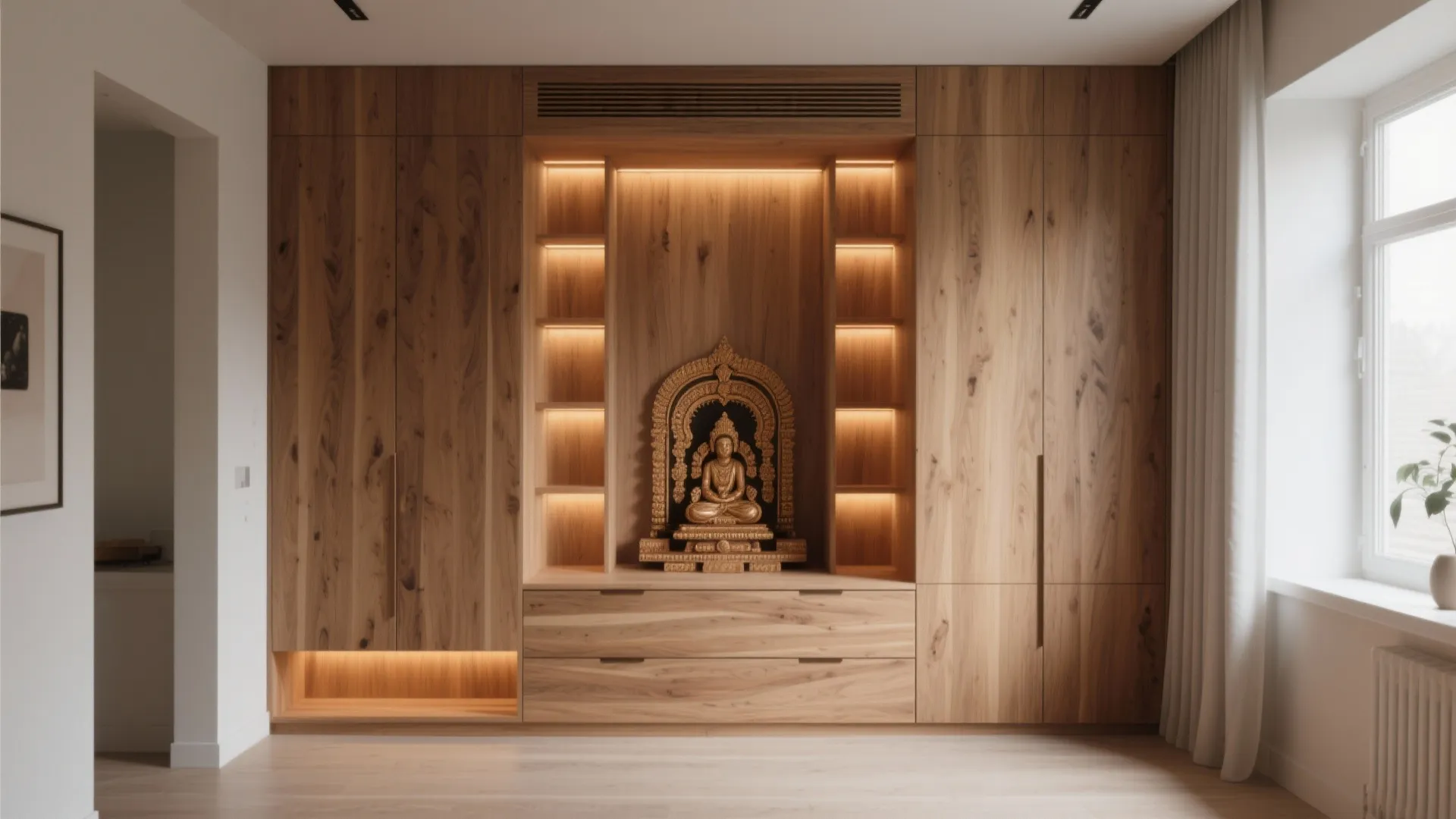 Custom built in wooden wall cabinet featuring a central display area with warm integrated lighting