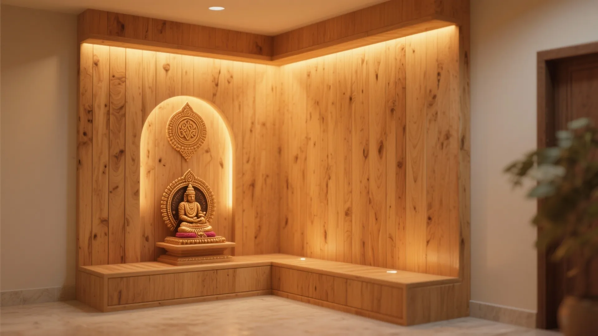 Minimalist wooden prayer room with warm lighting and a gold statue on a raised wooden platform