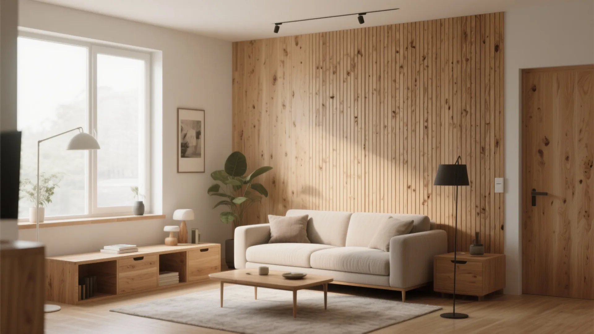 Modern living room featuring vertical wood wall panel cream sofa wooden cabinet and natural light