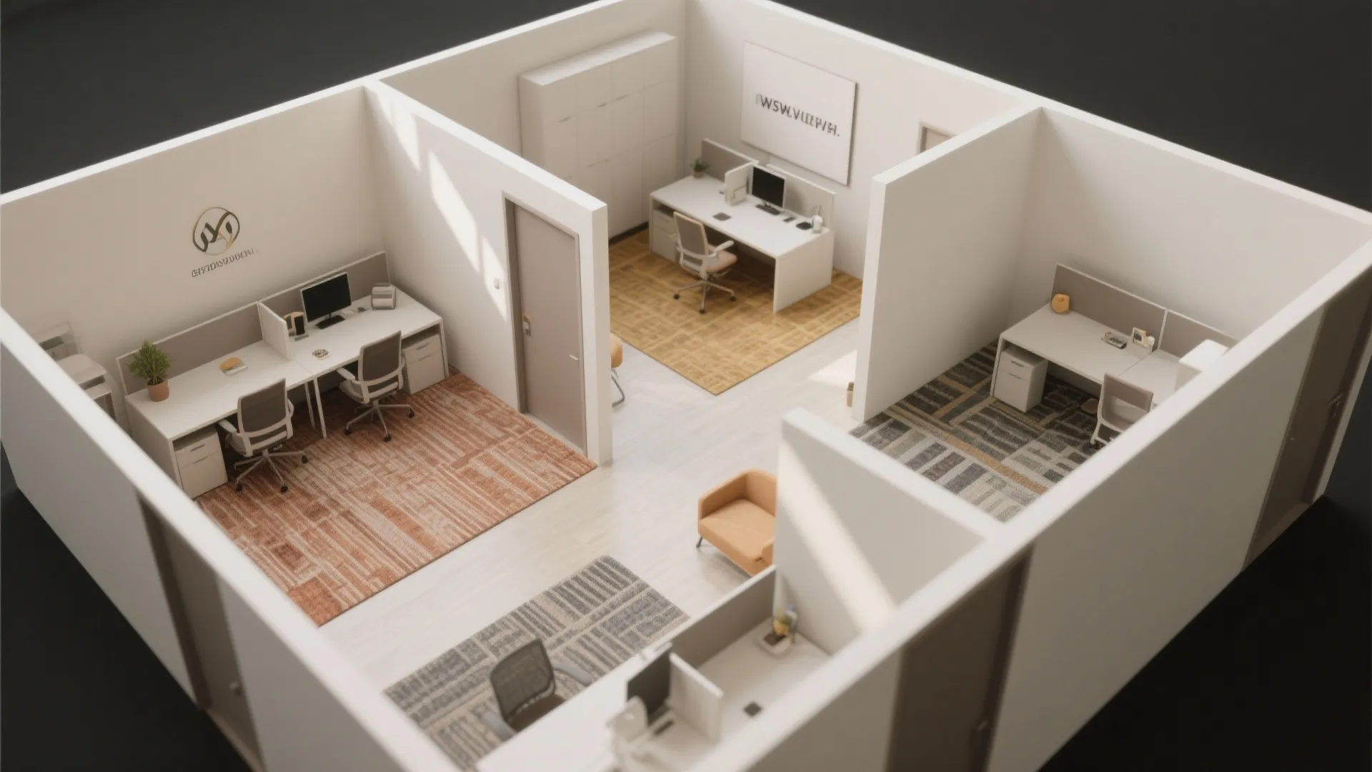 Minimalist work zones separated by rug textures in a small office