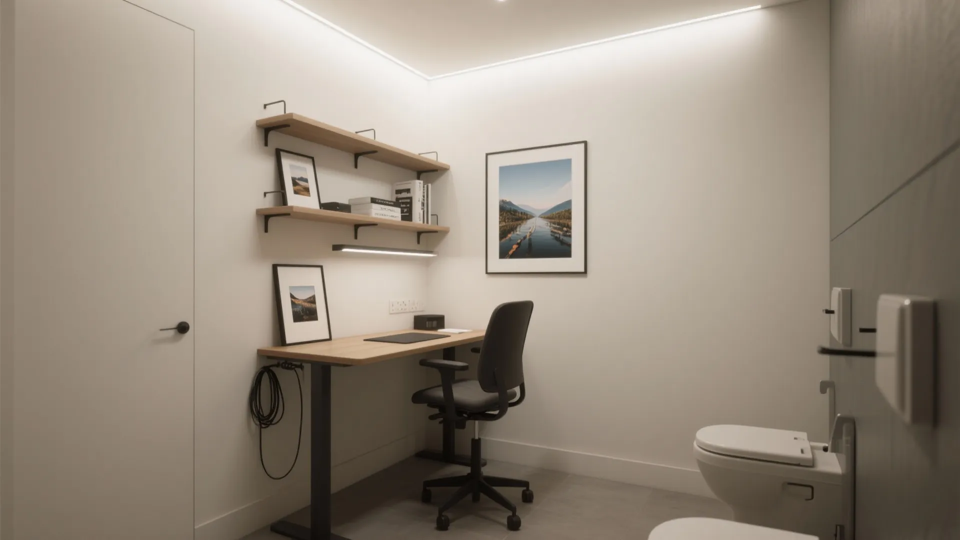 Small home office corner with wooden desk black chair wall shelves and toilet in white room