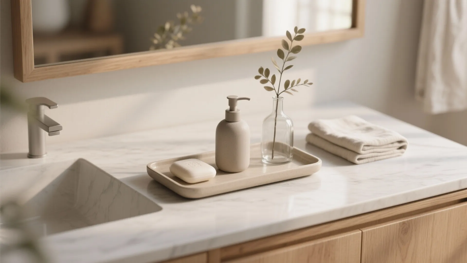 Neutral ceramic tray with a soap dispenser and a small vase on a compact vanity, styled in a minimalist zen aesthetic.