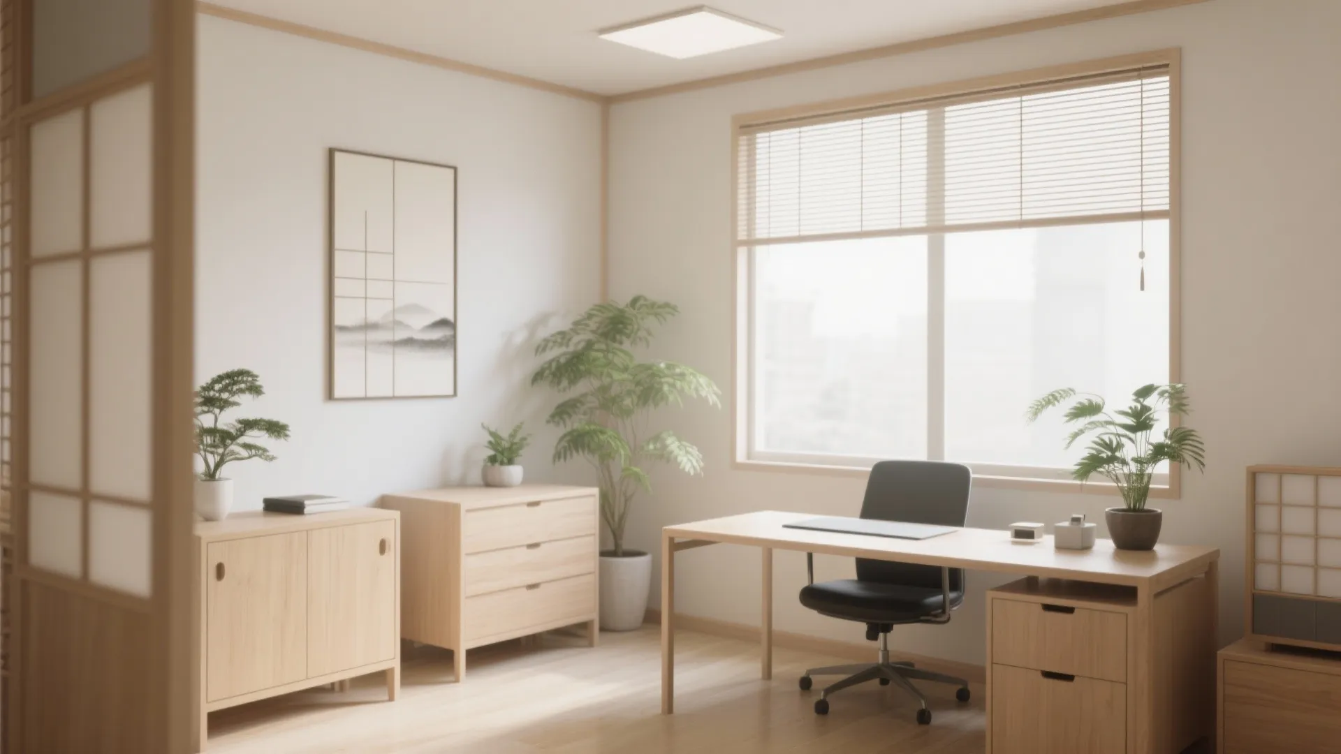 Minimalist zen office featuring light wood desk black chair green potted plants and natural light
