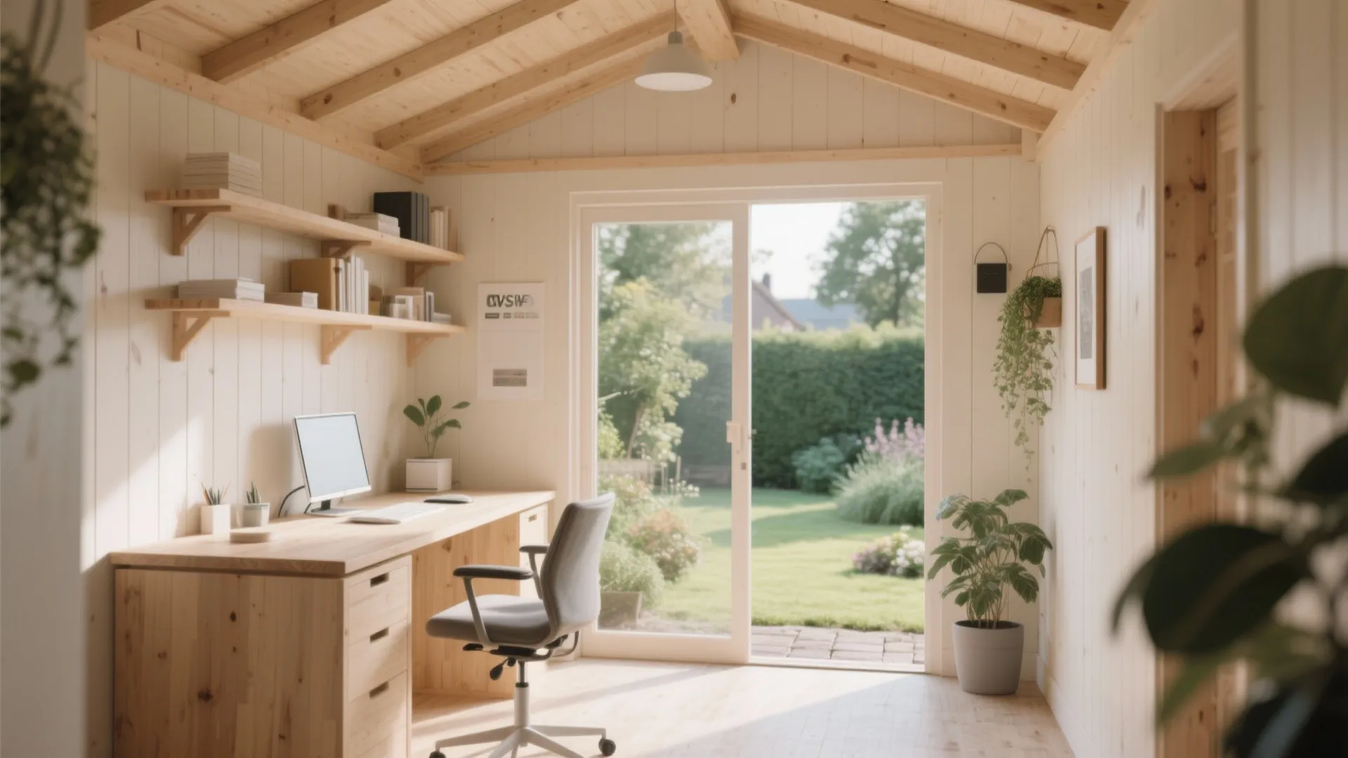 Minimalist shed office with light wood tones and garden view
