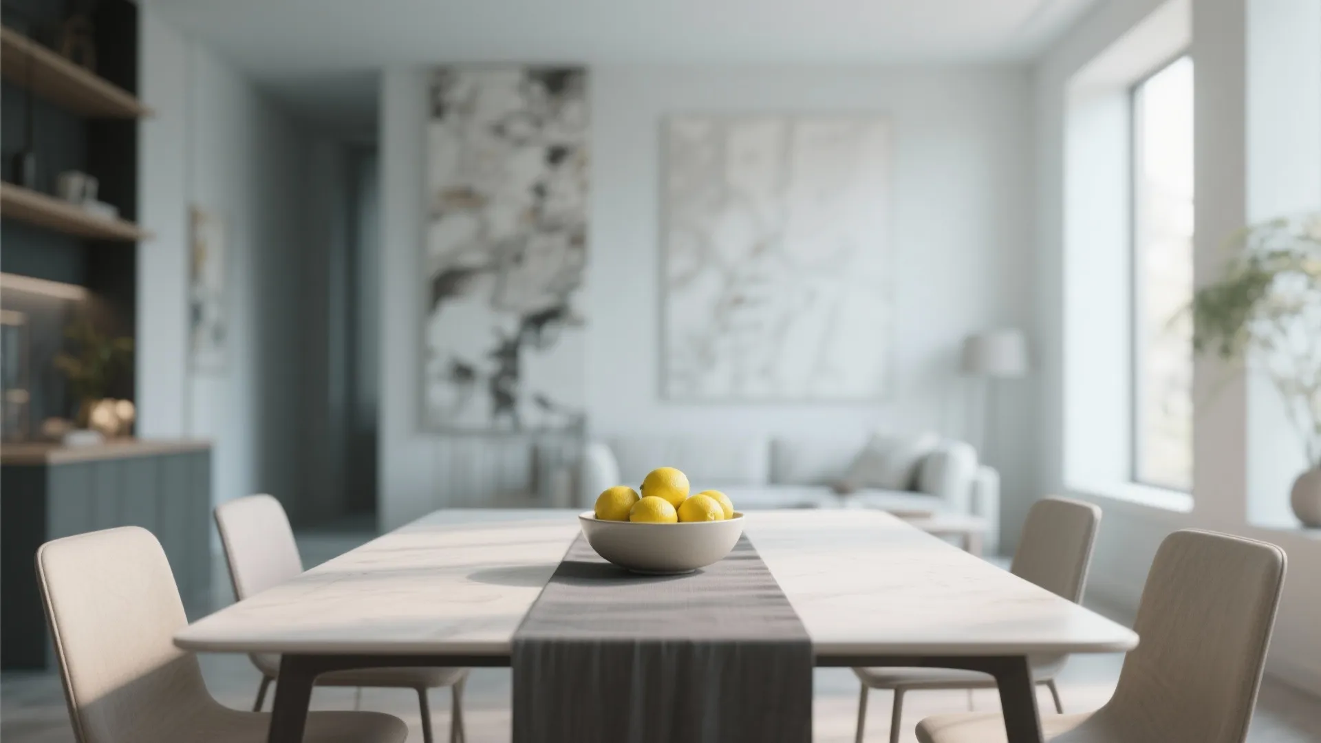 Modern white dining table with yellow lemons in bowl grey runner and four beige chairs