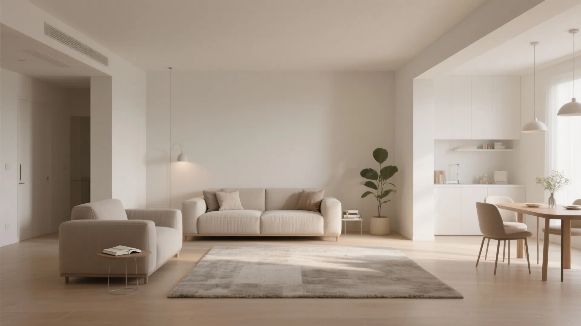 Open plan room layout with minimalist white sofa wooden dining table ceiling lights and green plant