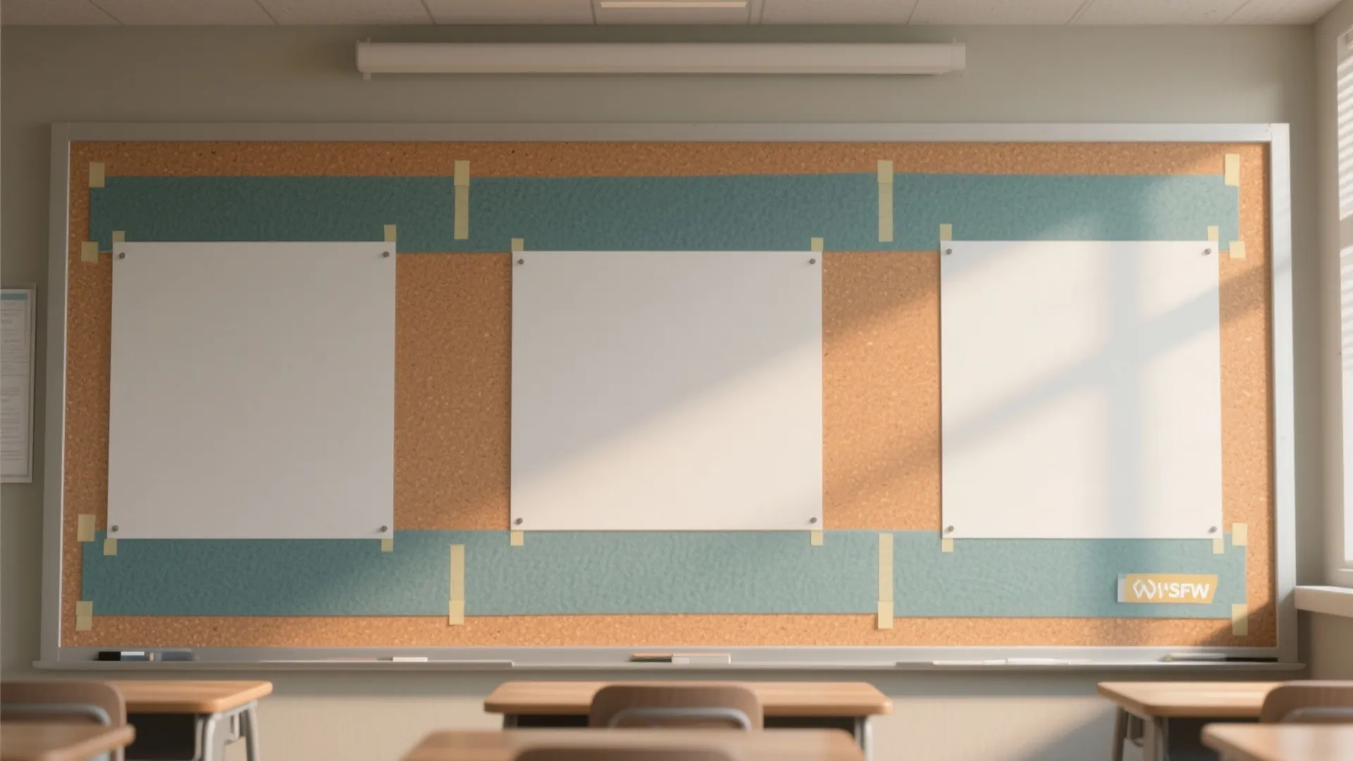 Classroom cork board with white paper and teal strips above wooden desks in soft sunlight
