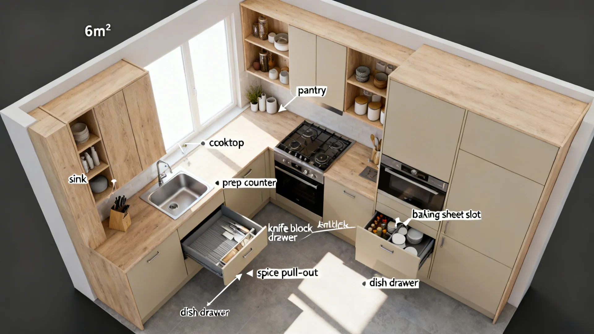 Top-down compact galley plan highlighting minimalist storage zones and labeled drawers.
