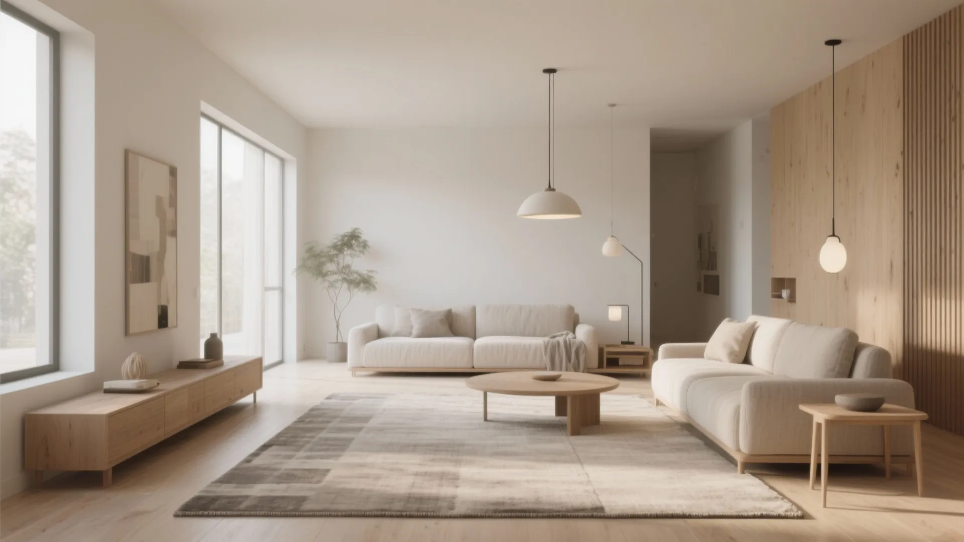 Minimalist living room with beige sofas wooden coffee table large rug wall panel and ceiling lights