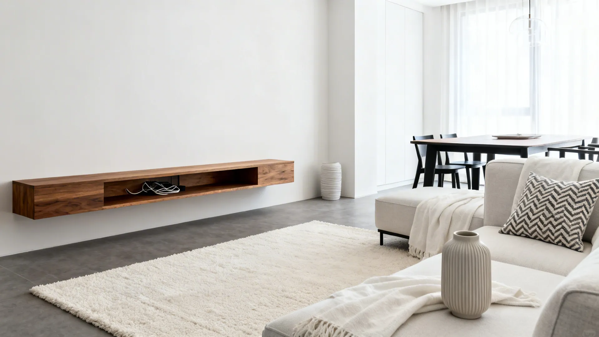 Minimalist L-shaped living area with soft rug zoning and slim floating oak media shelf.