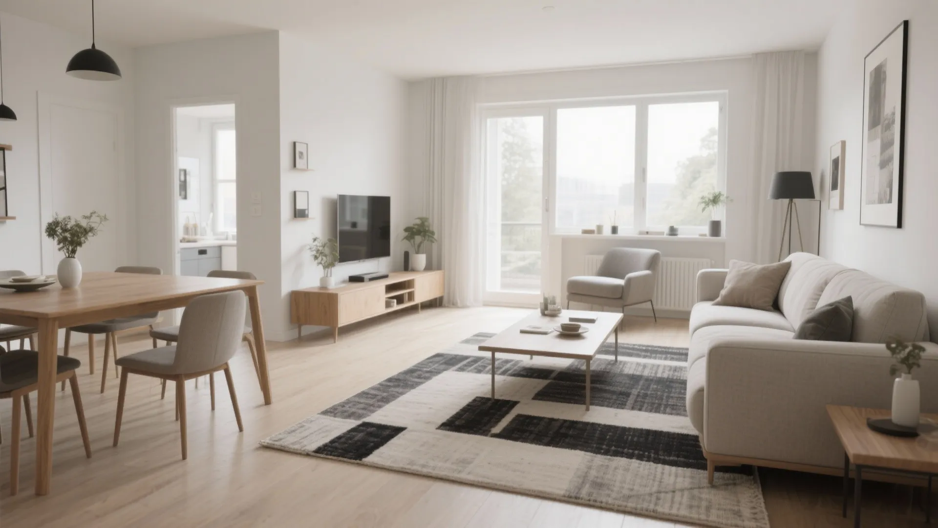 Minimalist living room with grey sofa patterned rug wood dining table and large bright windows