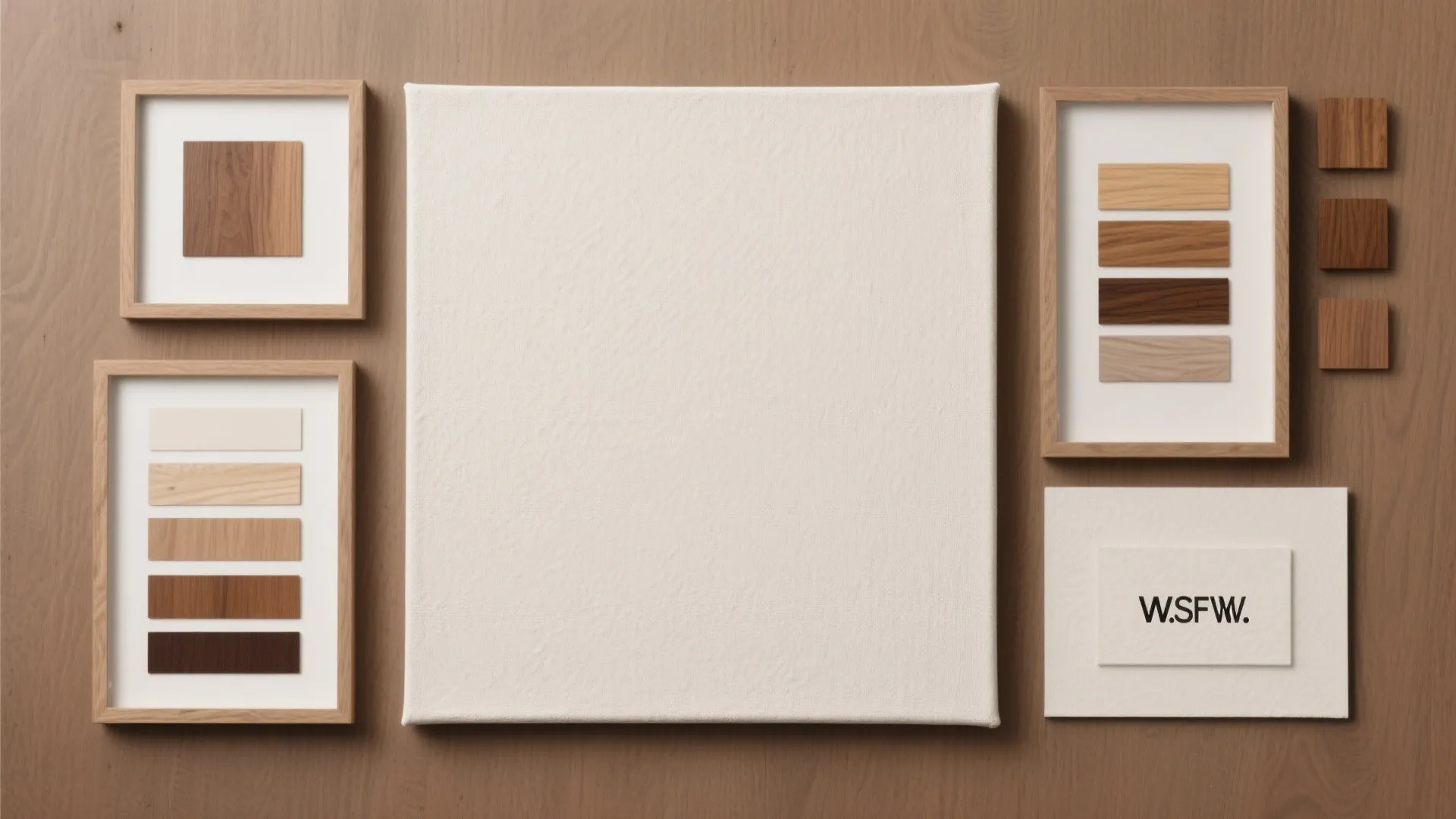 Modern wall decor display with white canvas wood frame material samples and minimalist interior design elements
