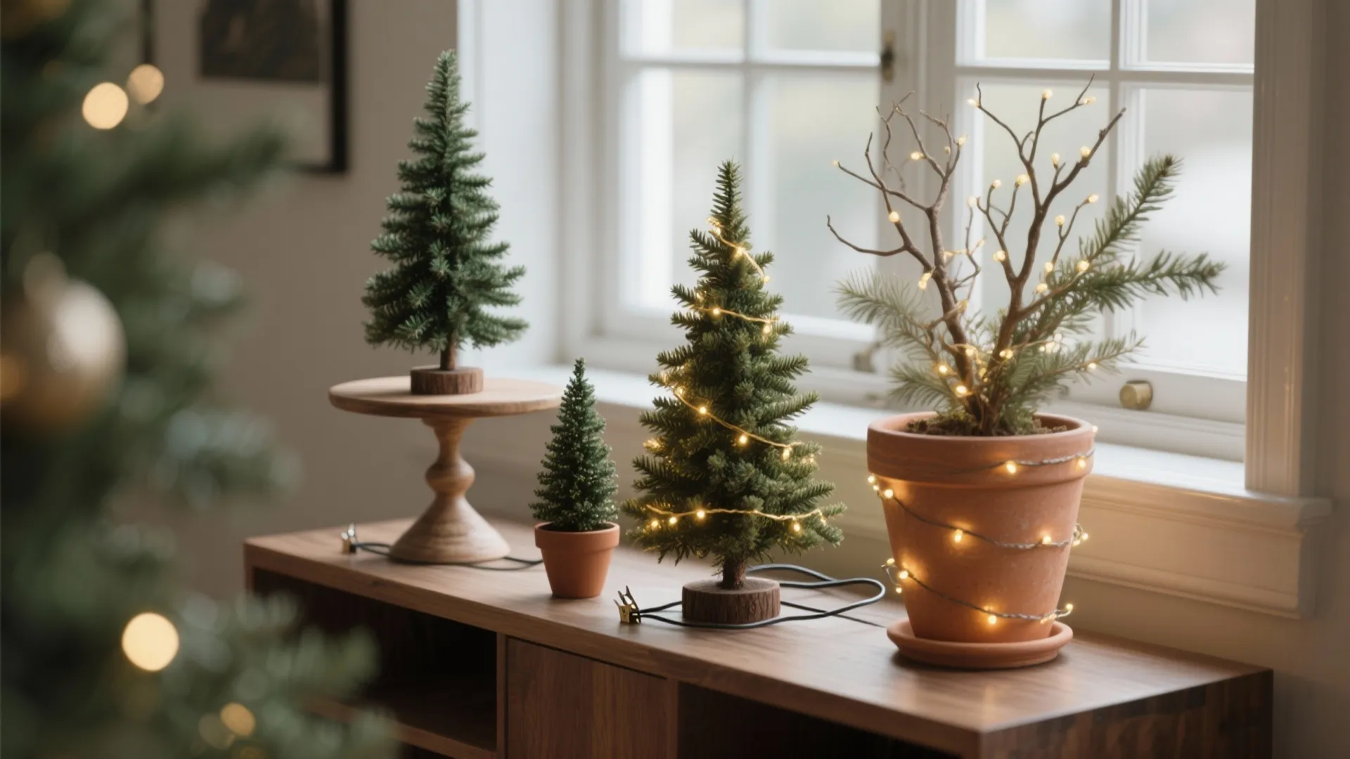 Four small decorative Christmas trees in pots on a wooden cabinet next to a window