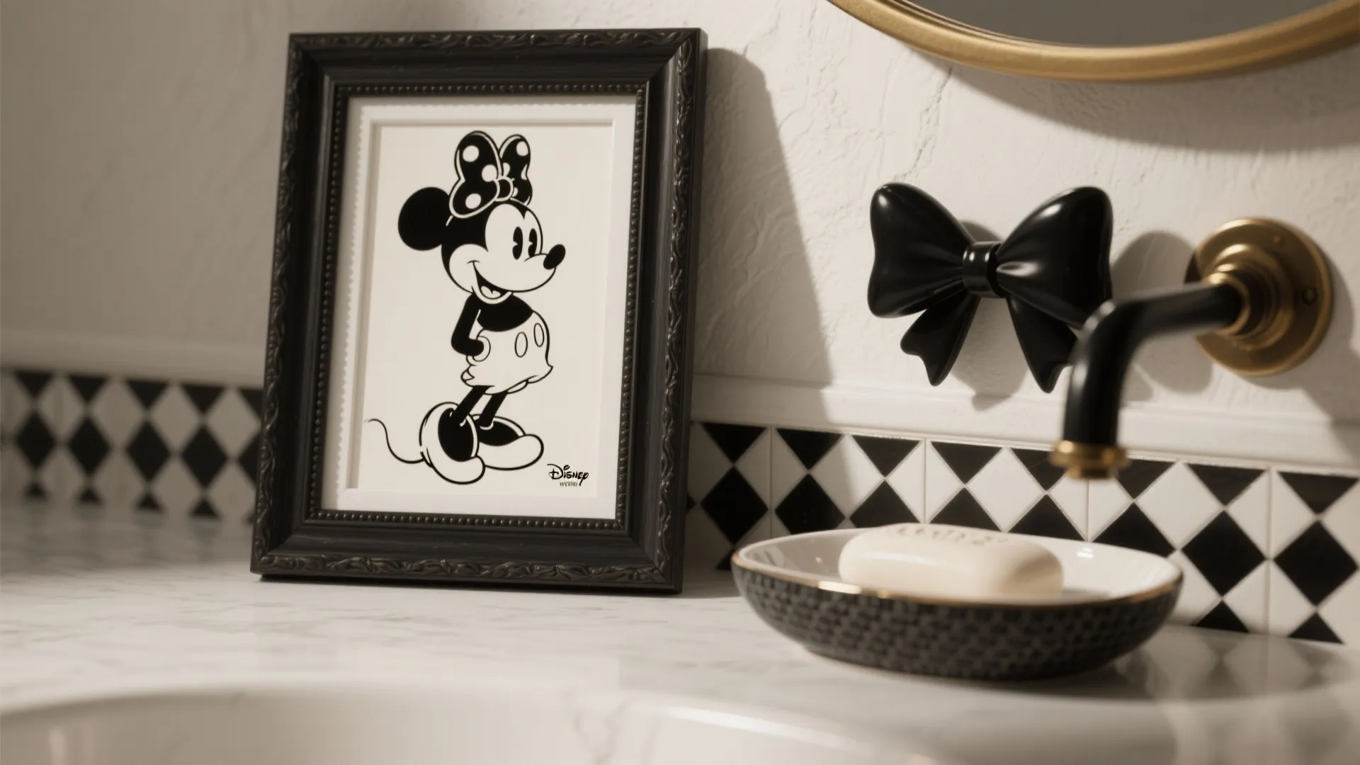 Bathroom counter with framed cartoon picture black bow wall light soap dish and white marble