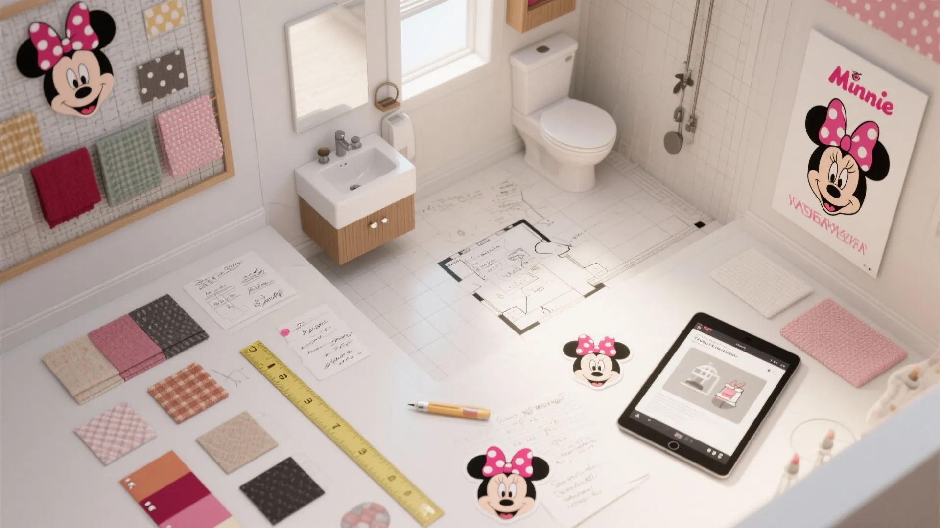 Interior design drawing of a bathroom with sink toilet poster tablet and various fabric samples