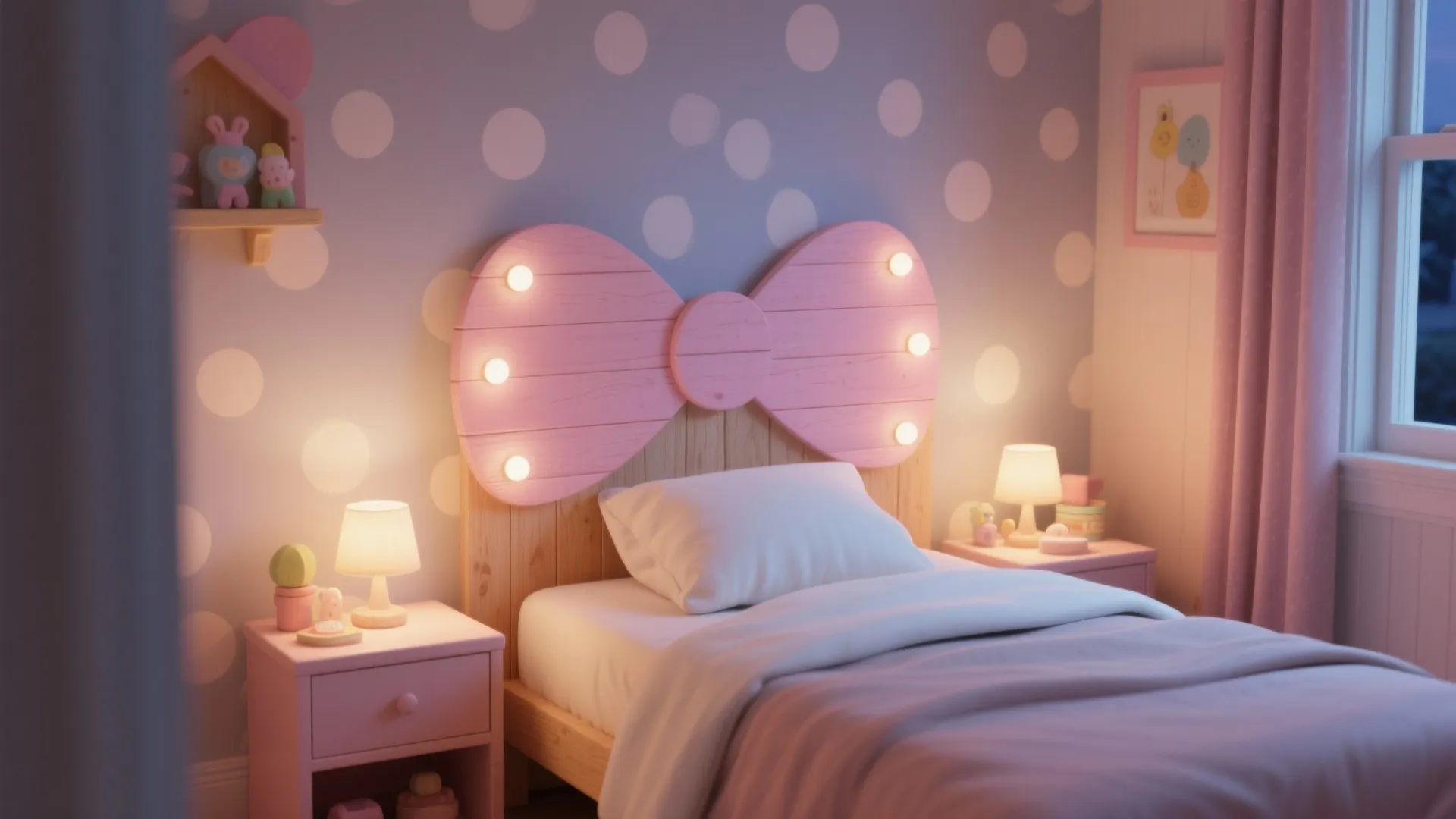 Pink bow shaped headboard with lights on a single bed in a cozy polka bedroom