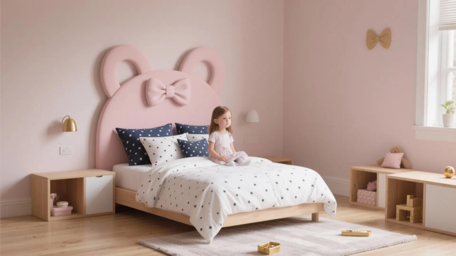 Pink kids bedroom with mouse ear headboard wooden bed polka dot bedding and wooden cabinets