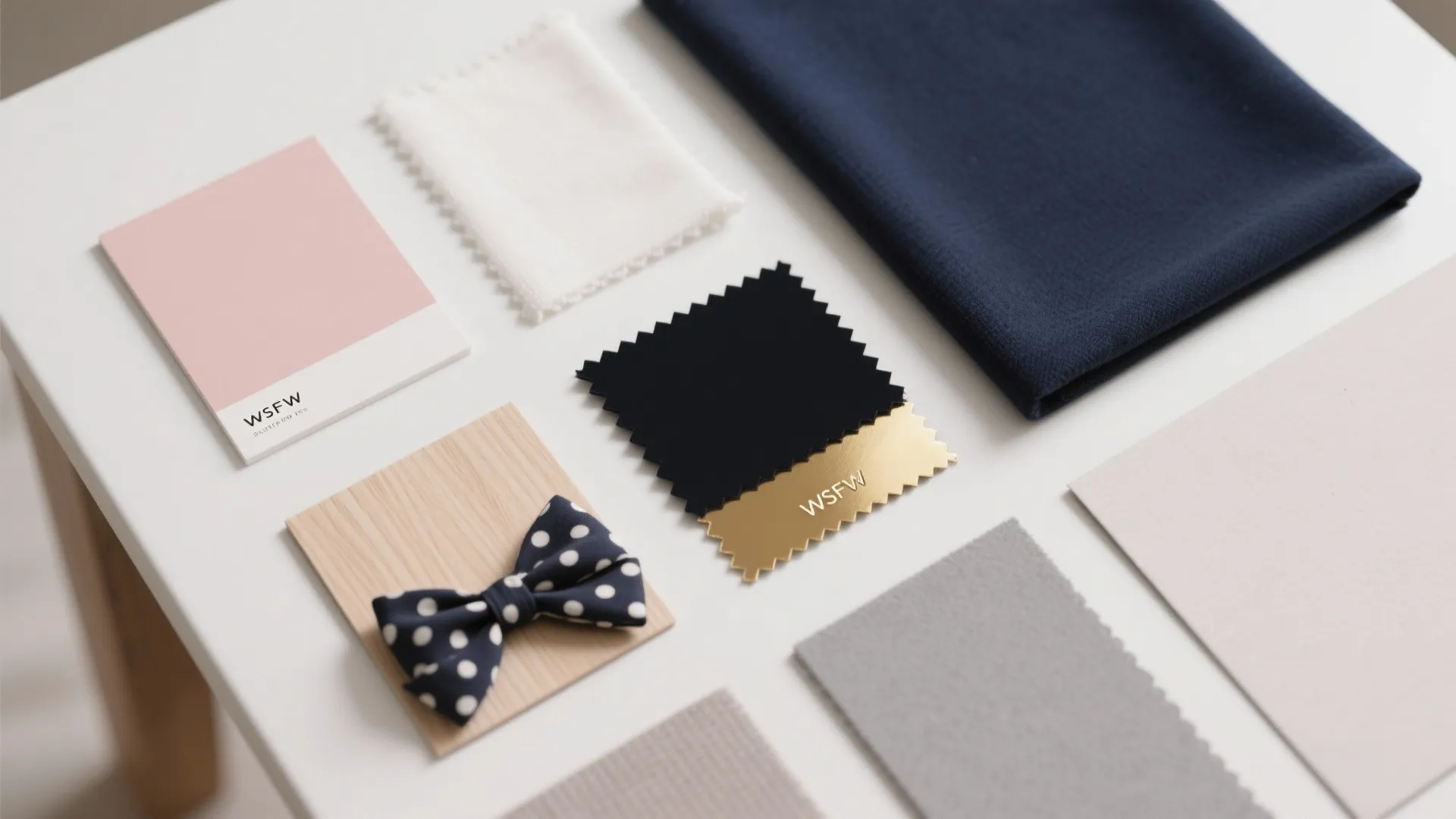Interior design mood board with pink color swatches fabric samples wood panel and navy blue cloth