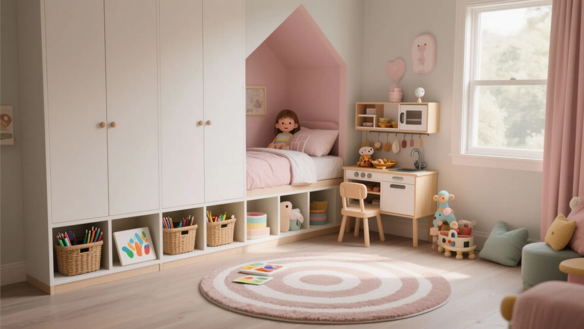 Childrens room design with pink house shaped bed nook white wardrobe toy kitchen and round rug