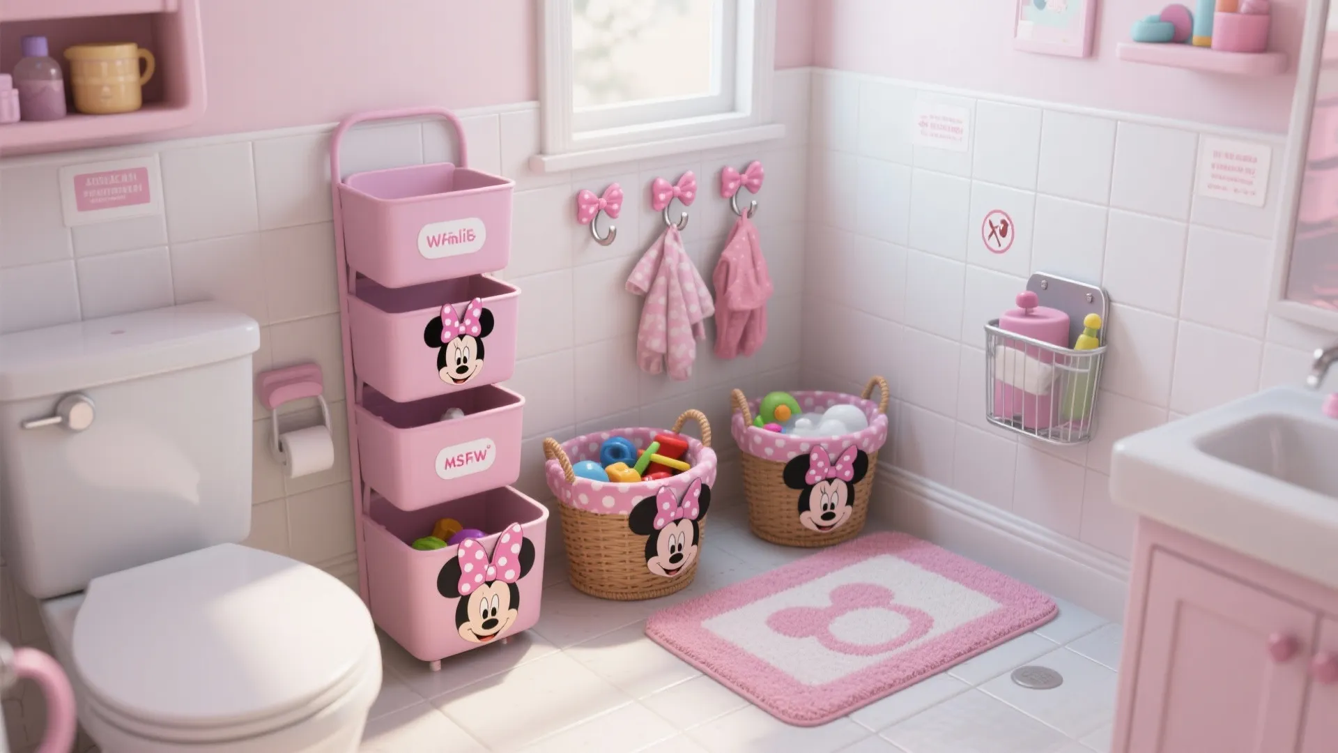 Pink bathroom with cartoon storage bins woven baskets wall hooks floor mat toilet and sink