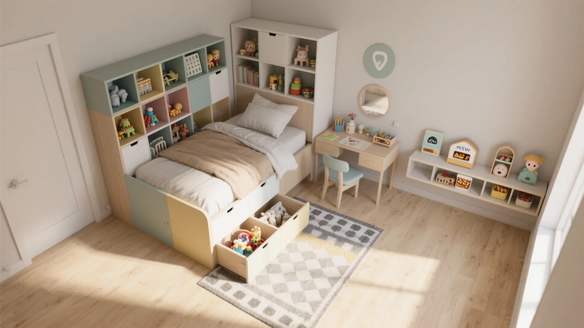 Kids bedroom featuring a bed with storage drawers colorful shelving unit study desk and wooden floor