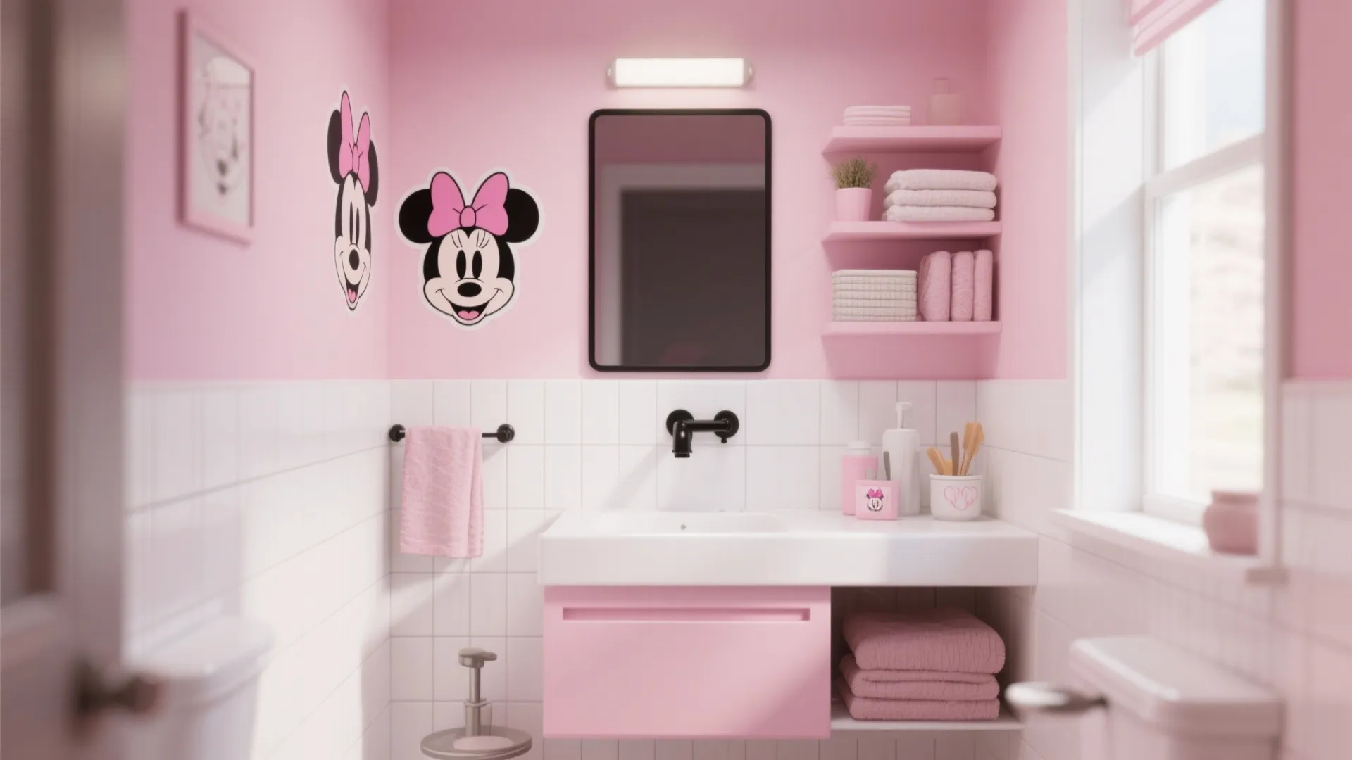 Pink and white bathroom design featuring mouse wall stickers black mirror white sink and shelves