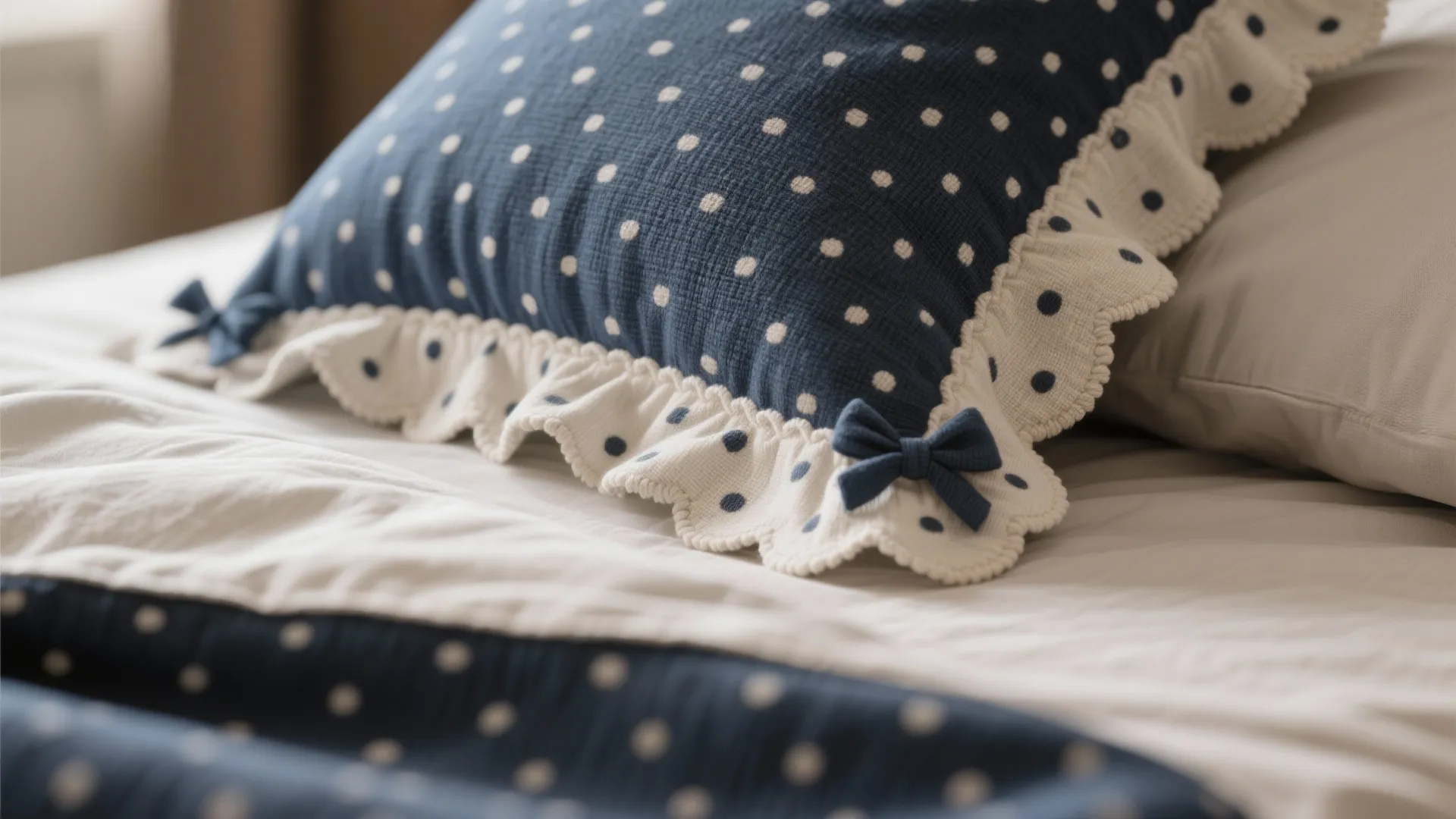 Close up of blue and white polka dot pillow with ruffles and small blue bows