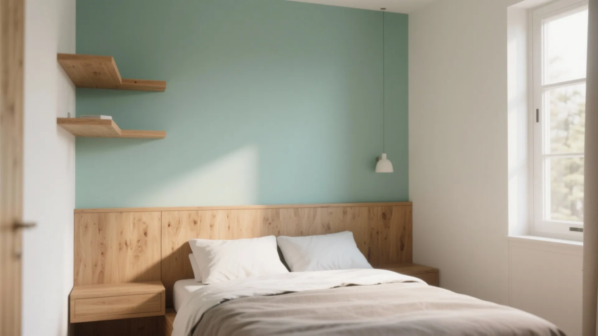 1. Mint Accent Wall with Warm Wood