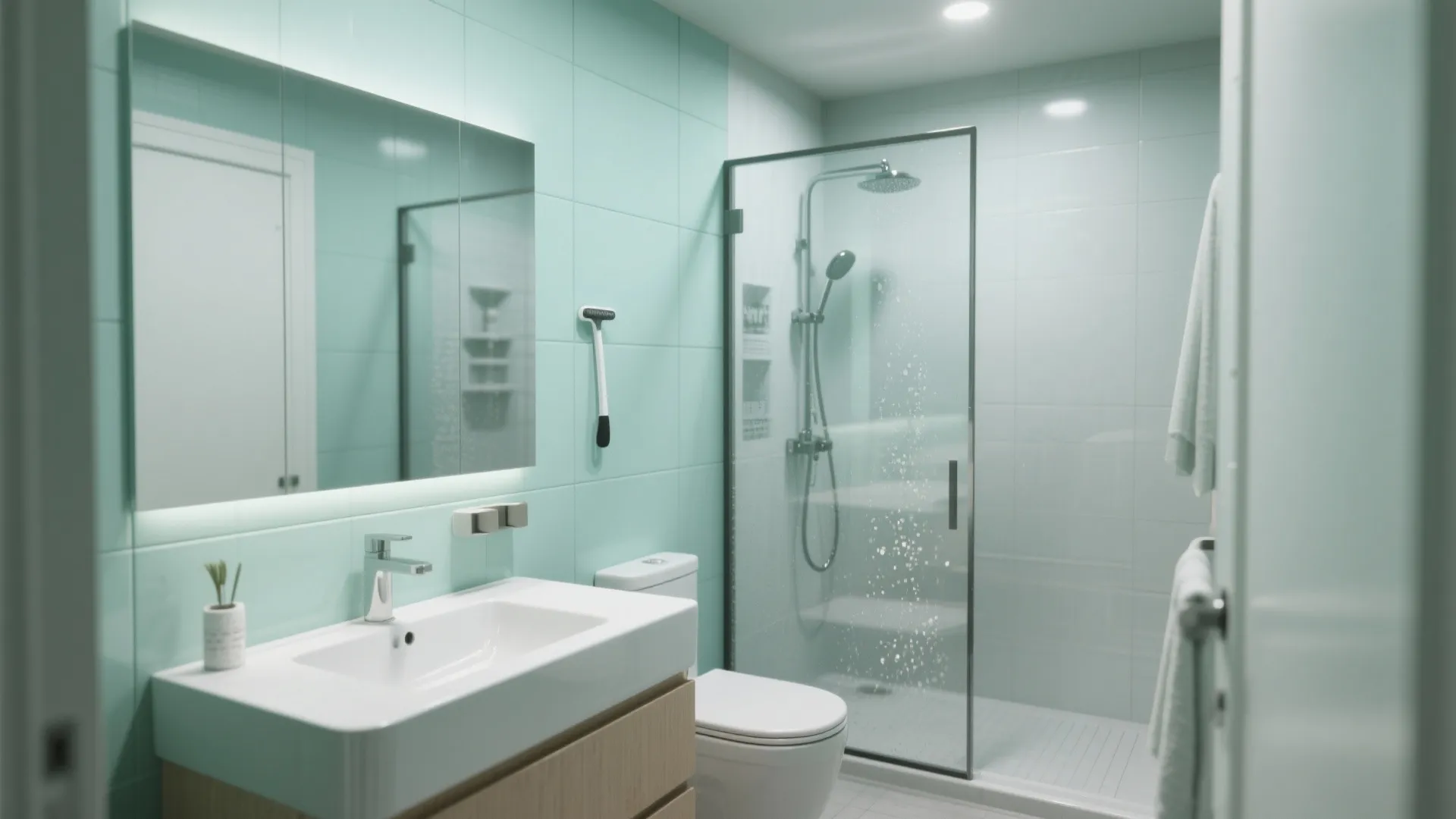 4. Mint Accent Wall + Glass Shower to Expand Space