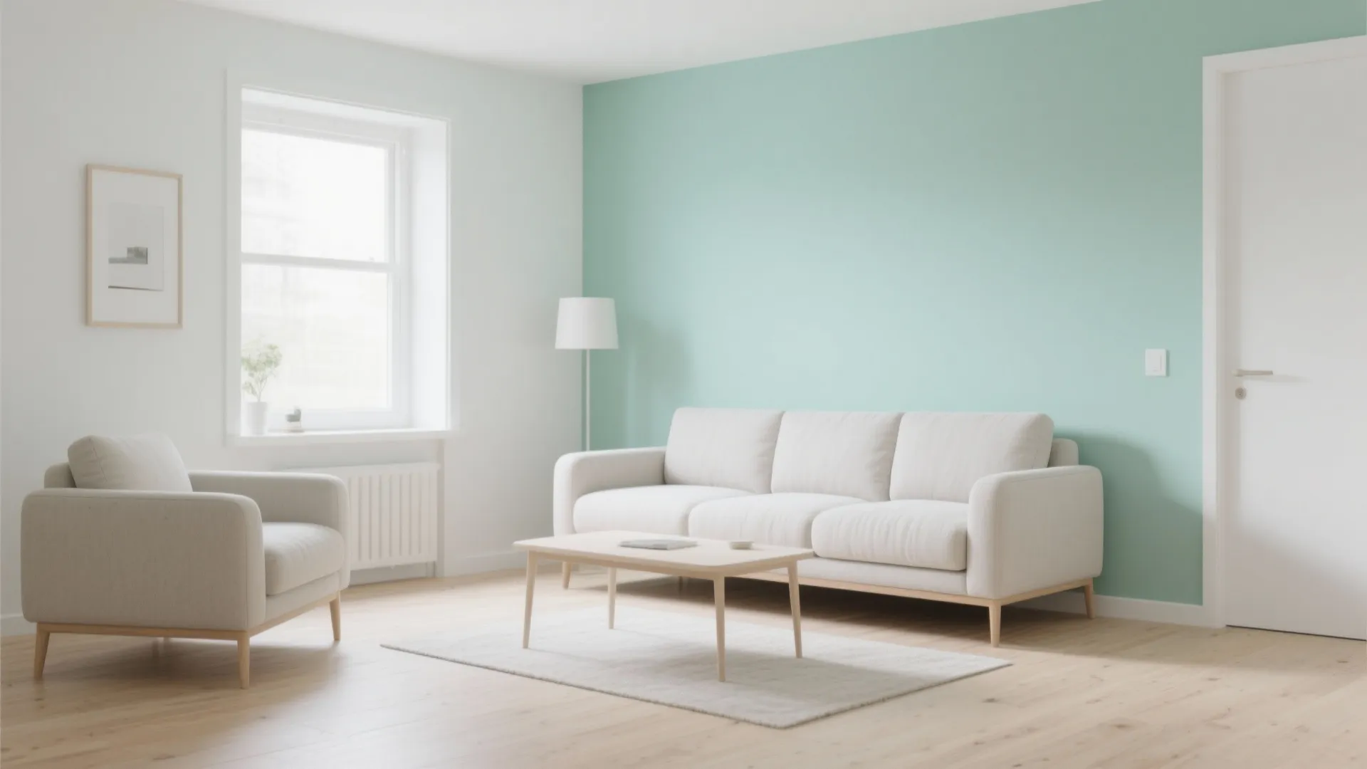 Minimalist living room with mint green accent wall white sofa wooden floor and natural light