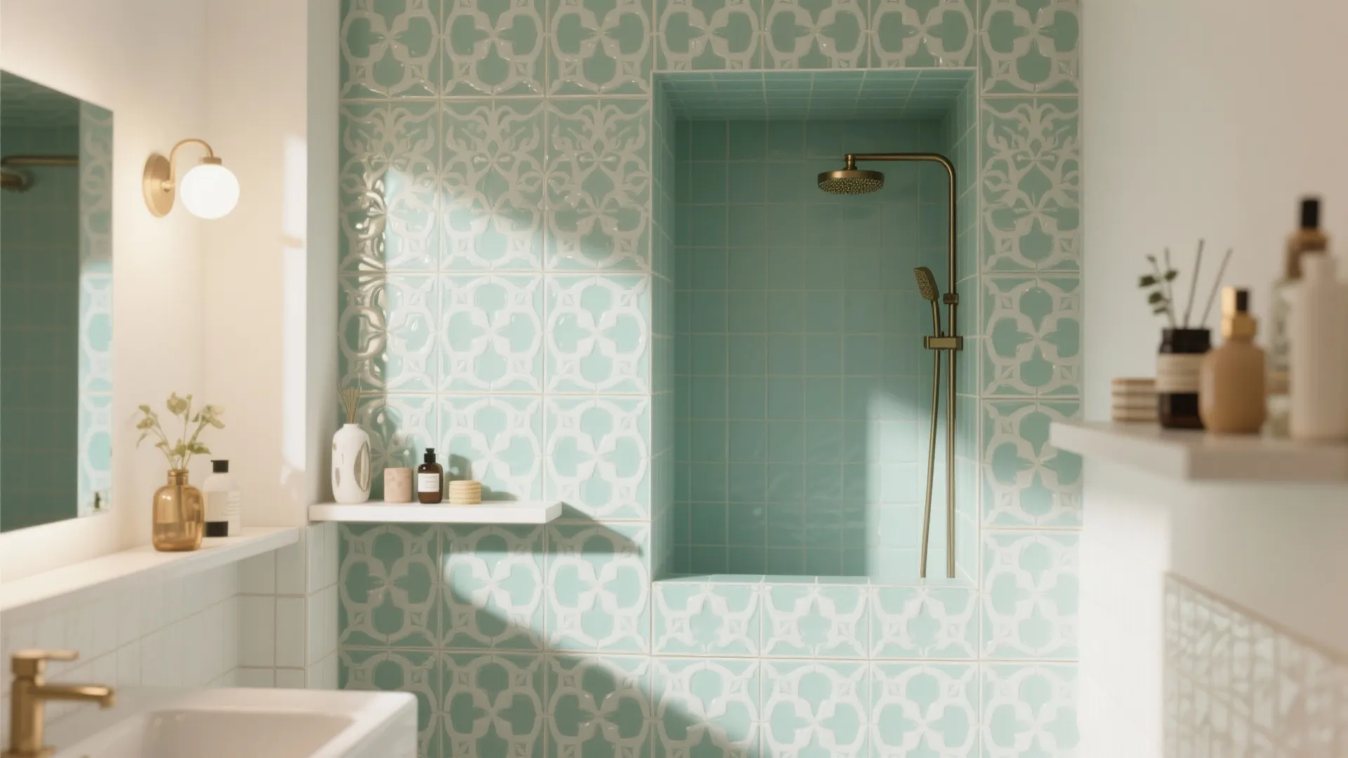 Mint arabesque accent wall behind vanity with patterned tiles and soft daylight.