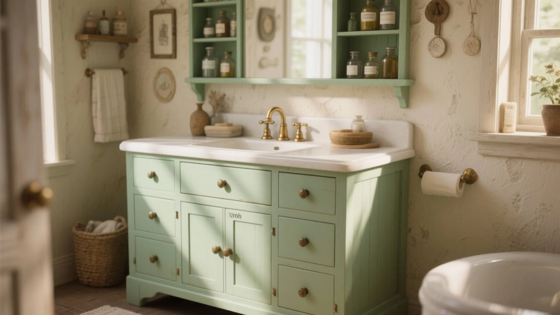5. Vintage-inspired Mint Green Vanity with Apothecary Details