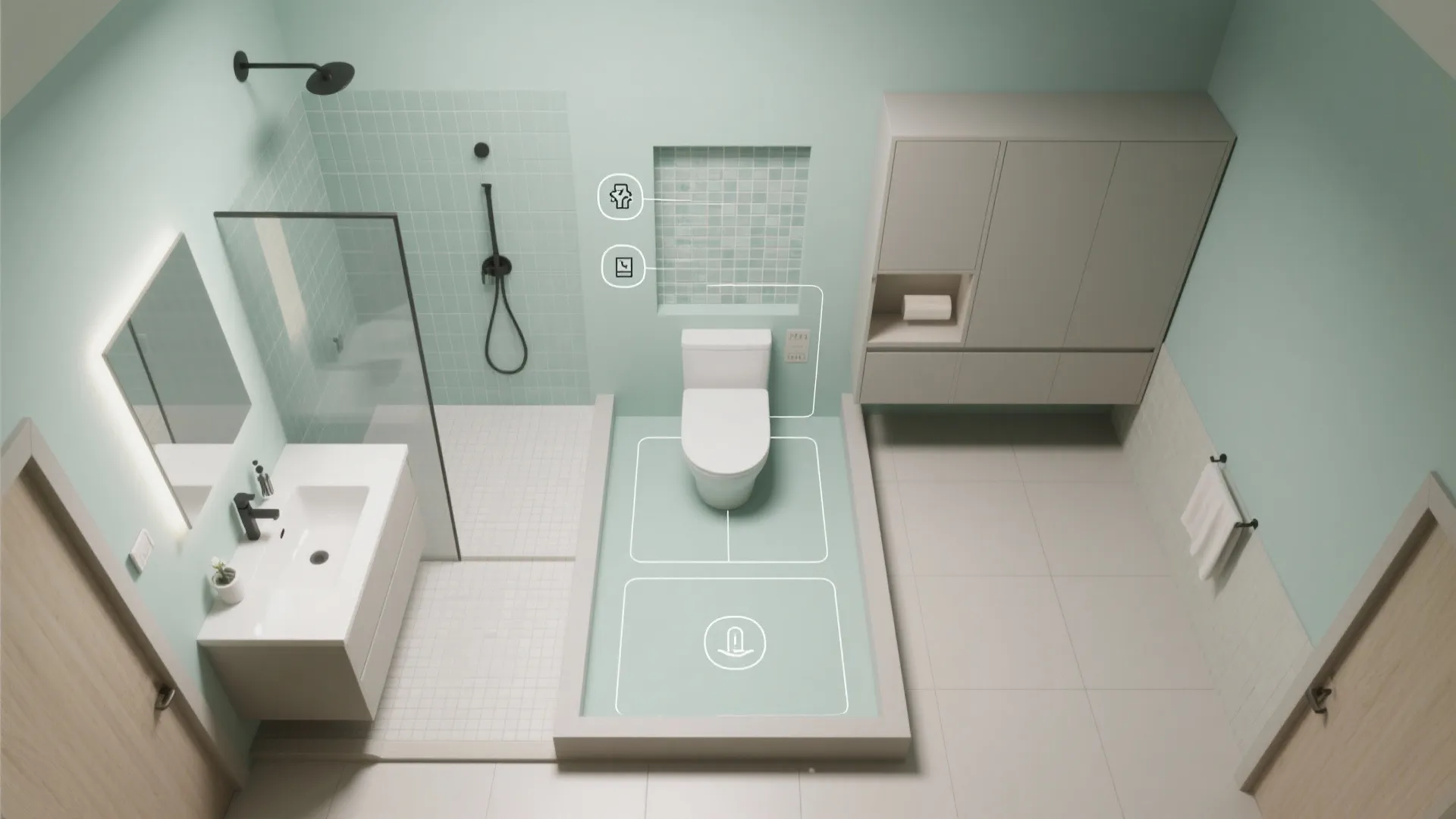 Top-down bathroom layout mockup highlighting mint zones and suitable finishes