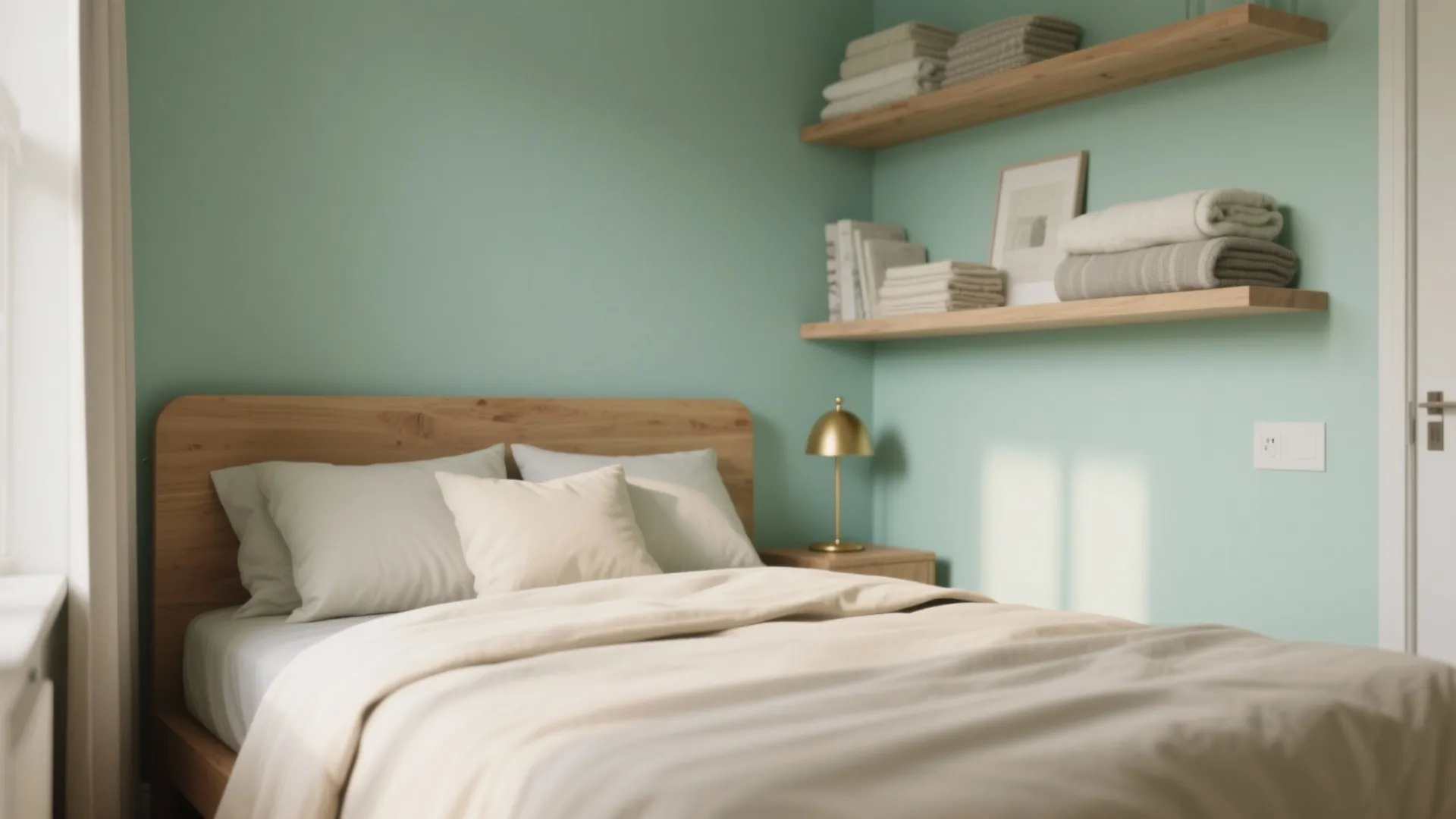 Mint green bedroom with wooden bed frame light bedding gold table lamp and wall shelves