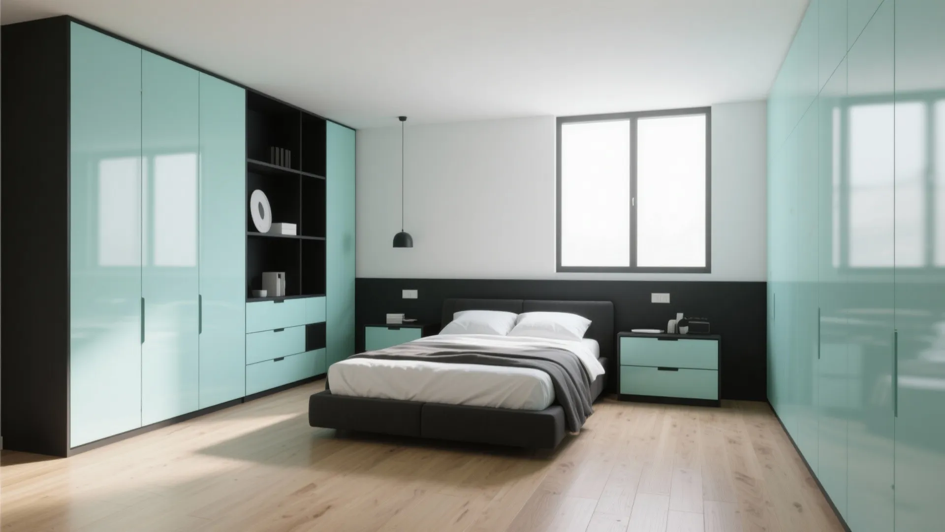 Two-tone mint and black bedroom furniture