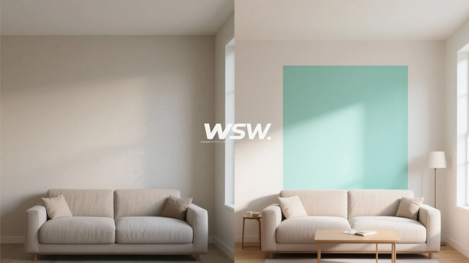 Before and after comparison showing living room wall with green painted square behind beige sofa