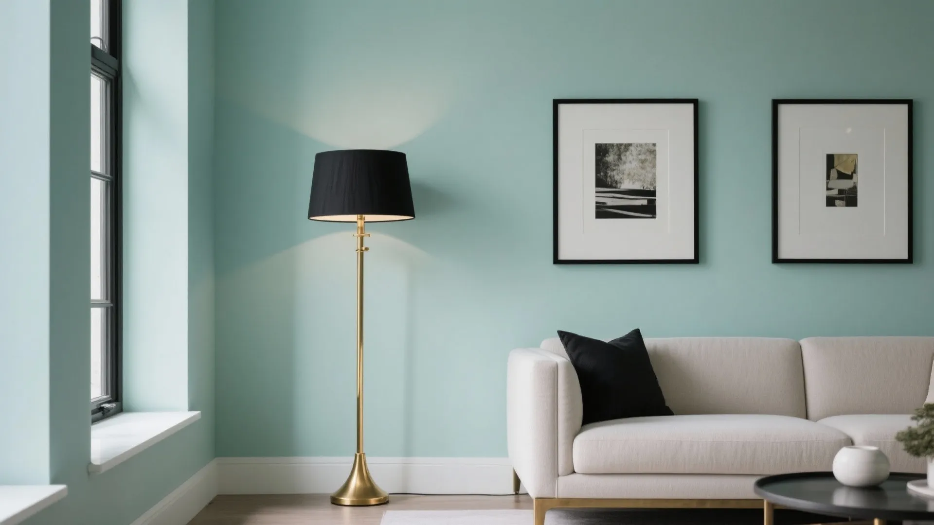 Modern living room with mint green walls black floor light fixture white sofa and pictures