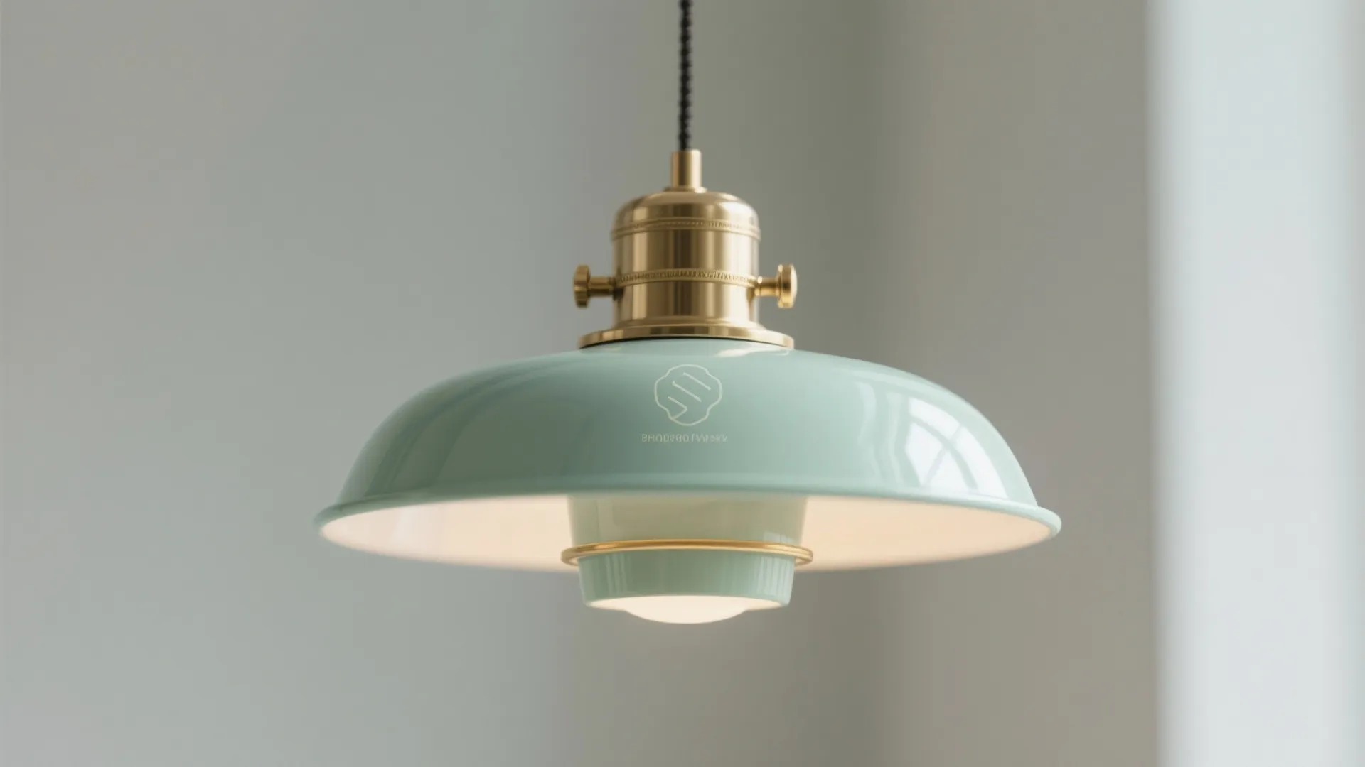 Mint green ceiling light with brass metal top hanging against a simple light grey wall