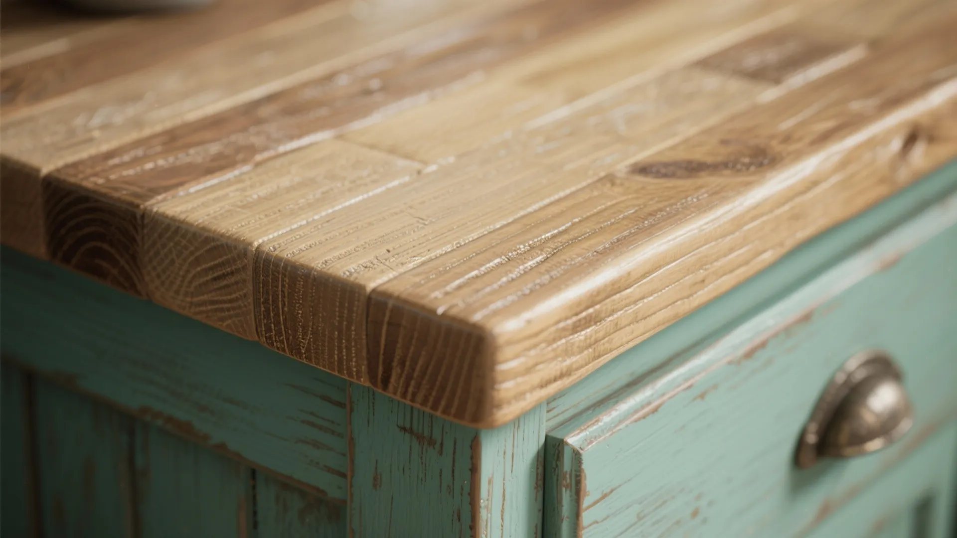 Close up of a thick natural wood countertop on a light green rustic wooden kitchen cabinet