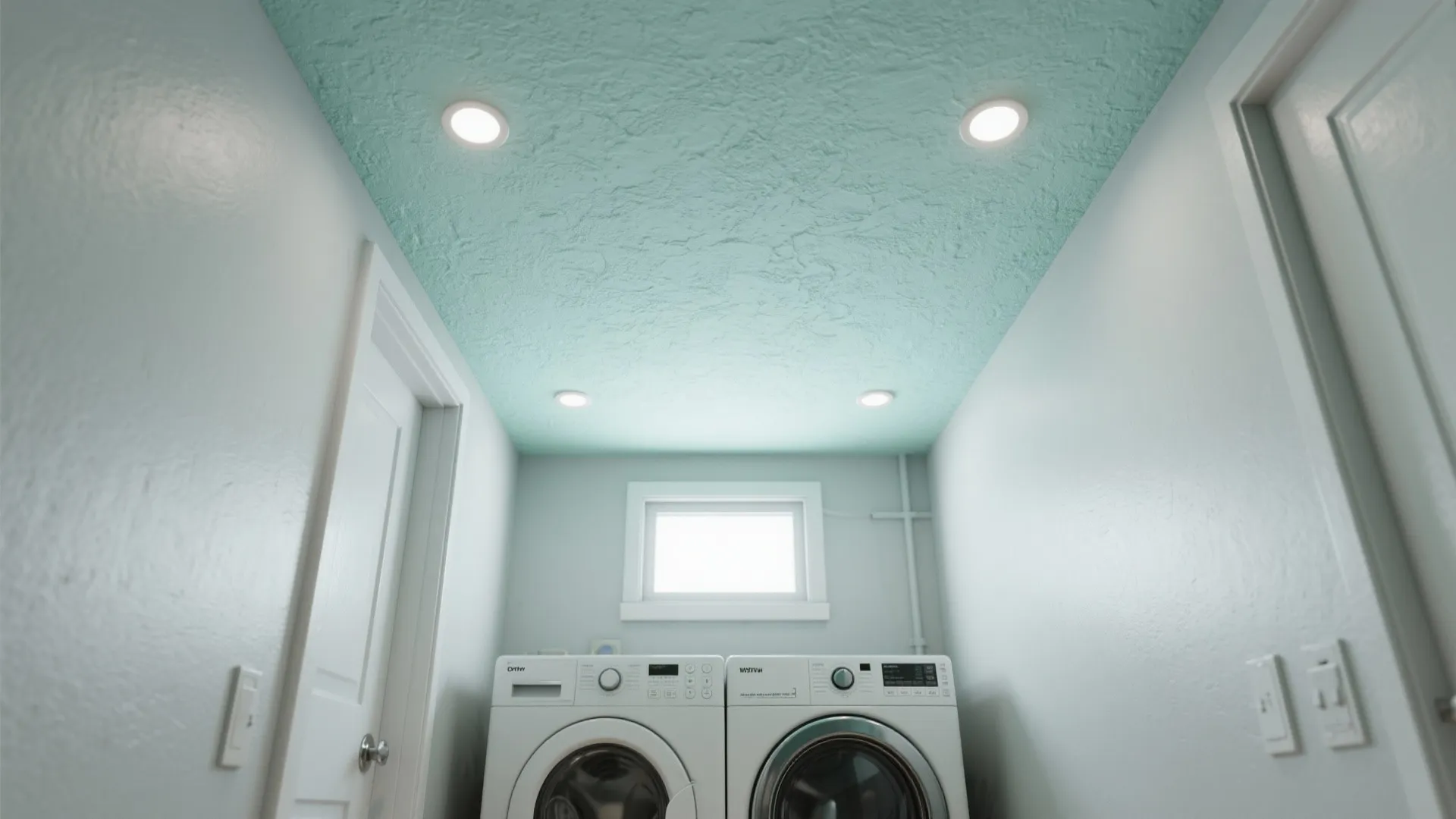 Small laundry area with white washing machines under a light green ceiling with four recessed lights