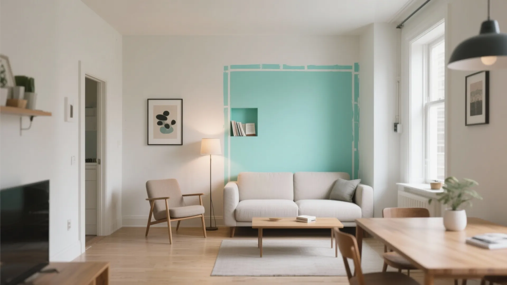 Modern living room showing a painted mint green color block on a white wall background