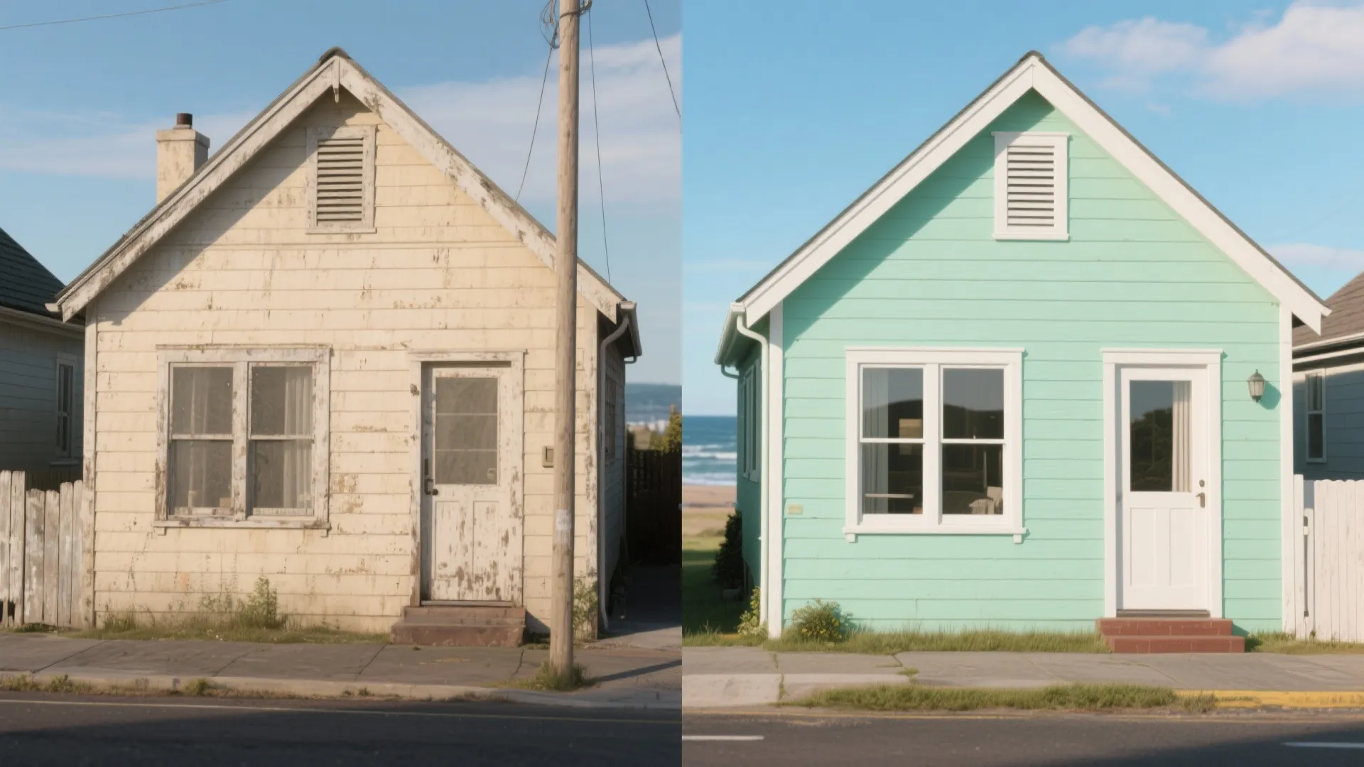 Split-screen before-and-after of a bungalow transformed from neutral beige to pale mint with white trims.