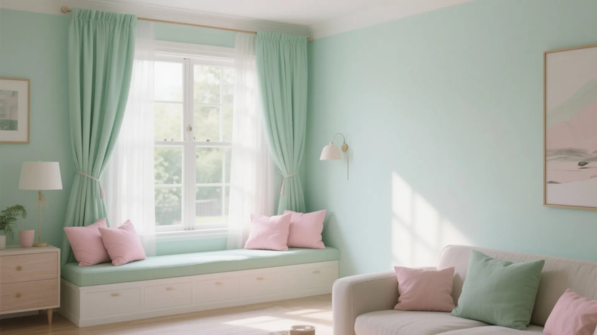 8. Mint Green Curtains with Pink Accents