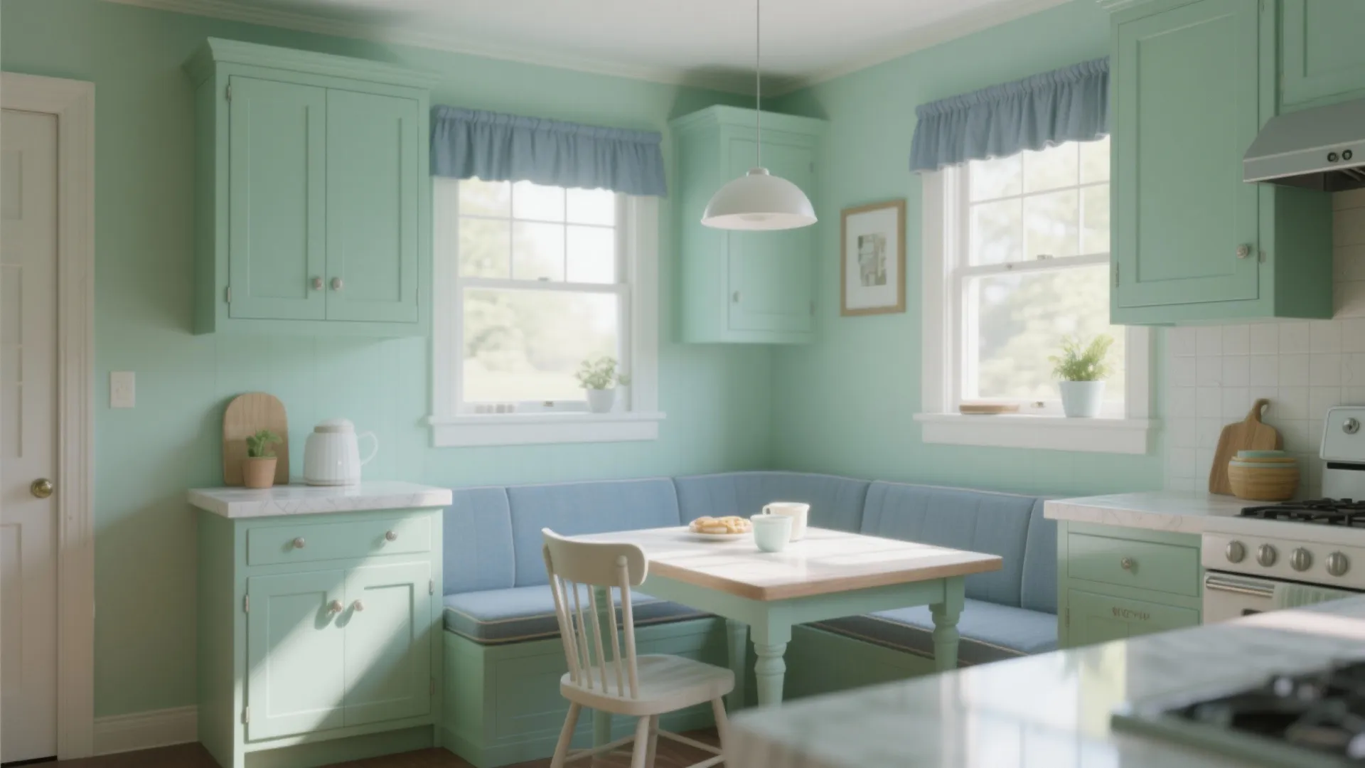 Kitchen breakfast nook with mint walls and dusty denim trim, light counters and morning sunlight